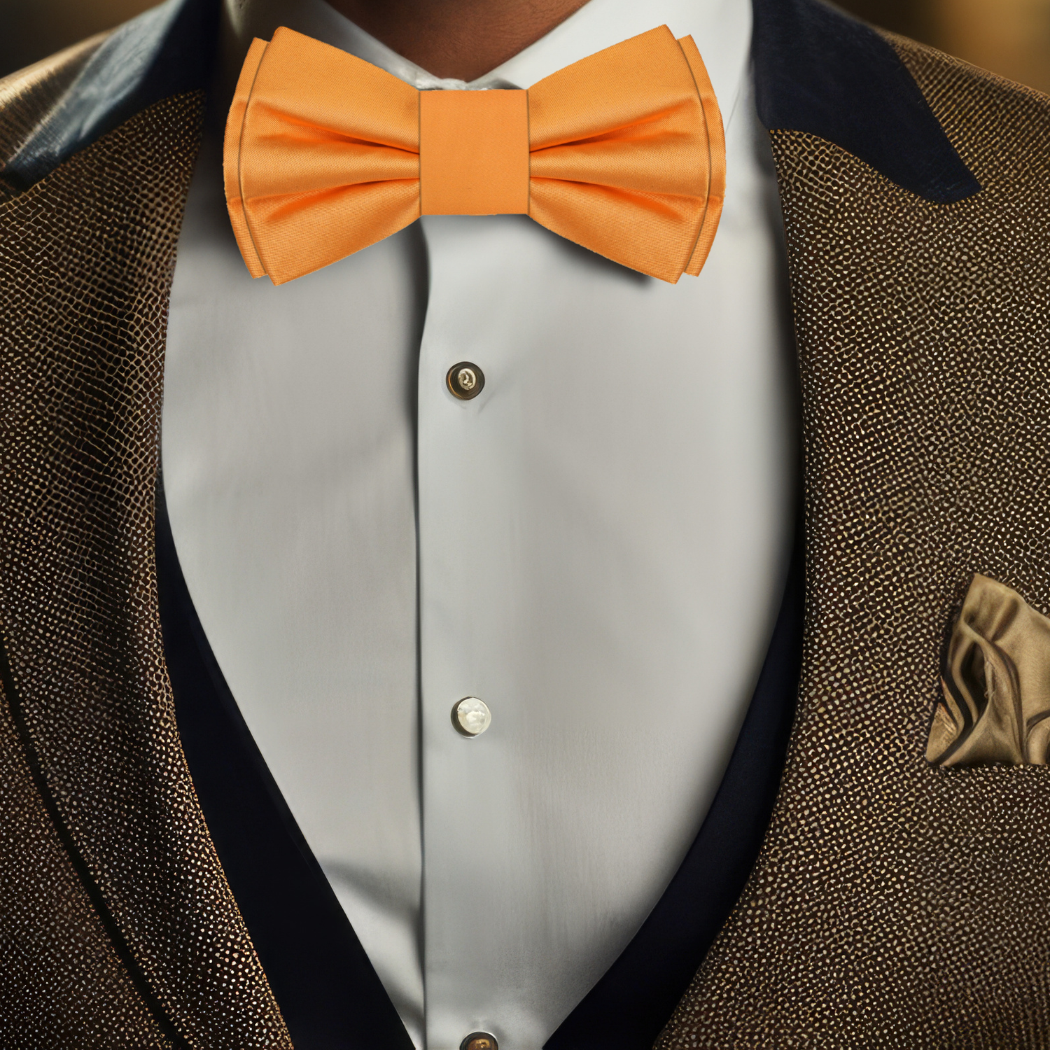 Solid Orange Bow Tie on Brown Suit