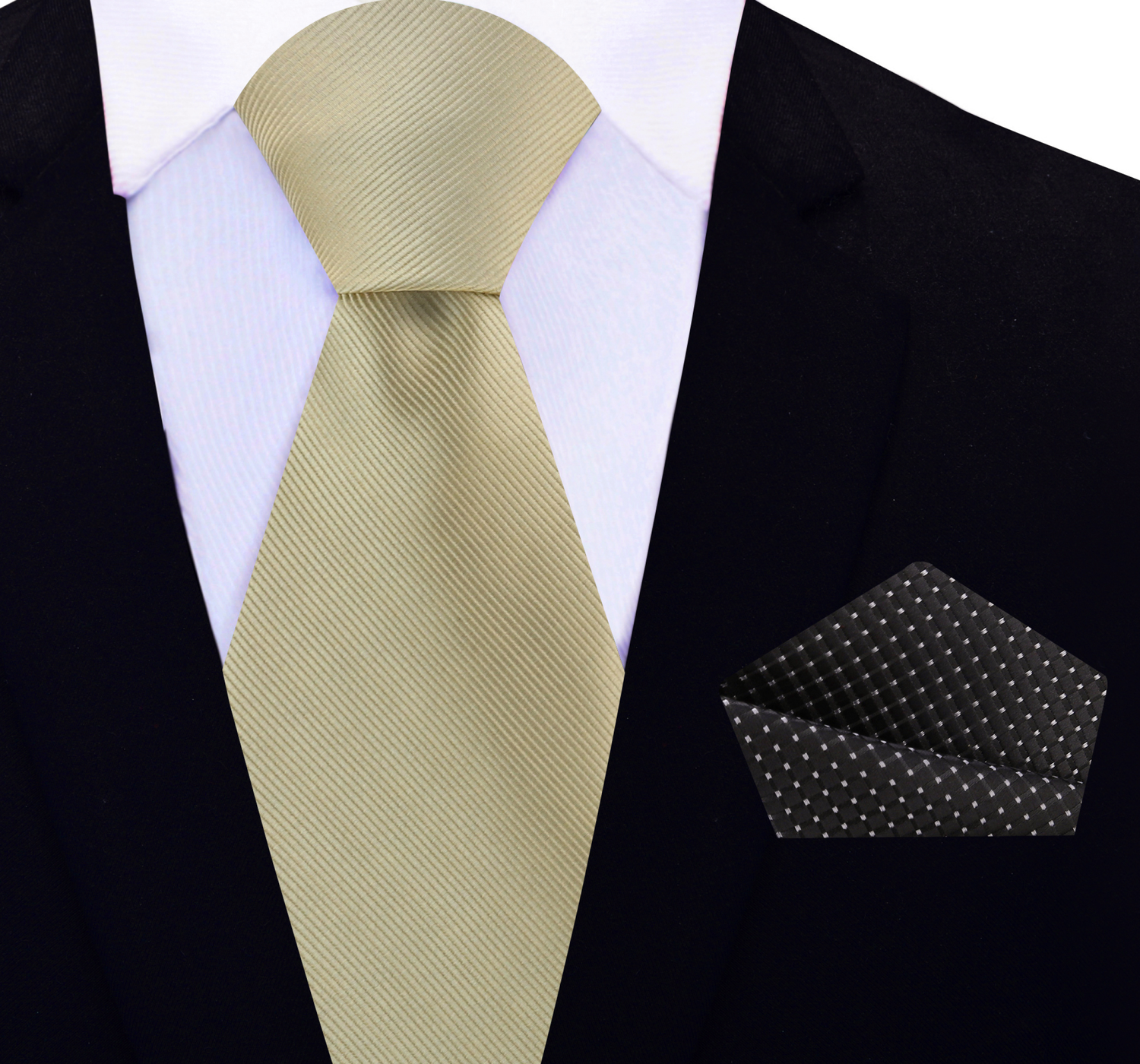 Main View: Solid Pale Gold Tie and Black Geometric Square