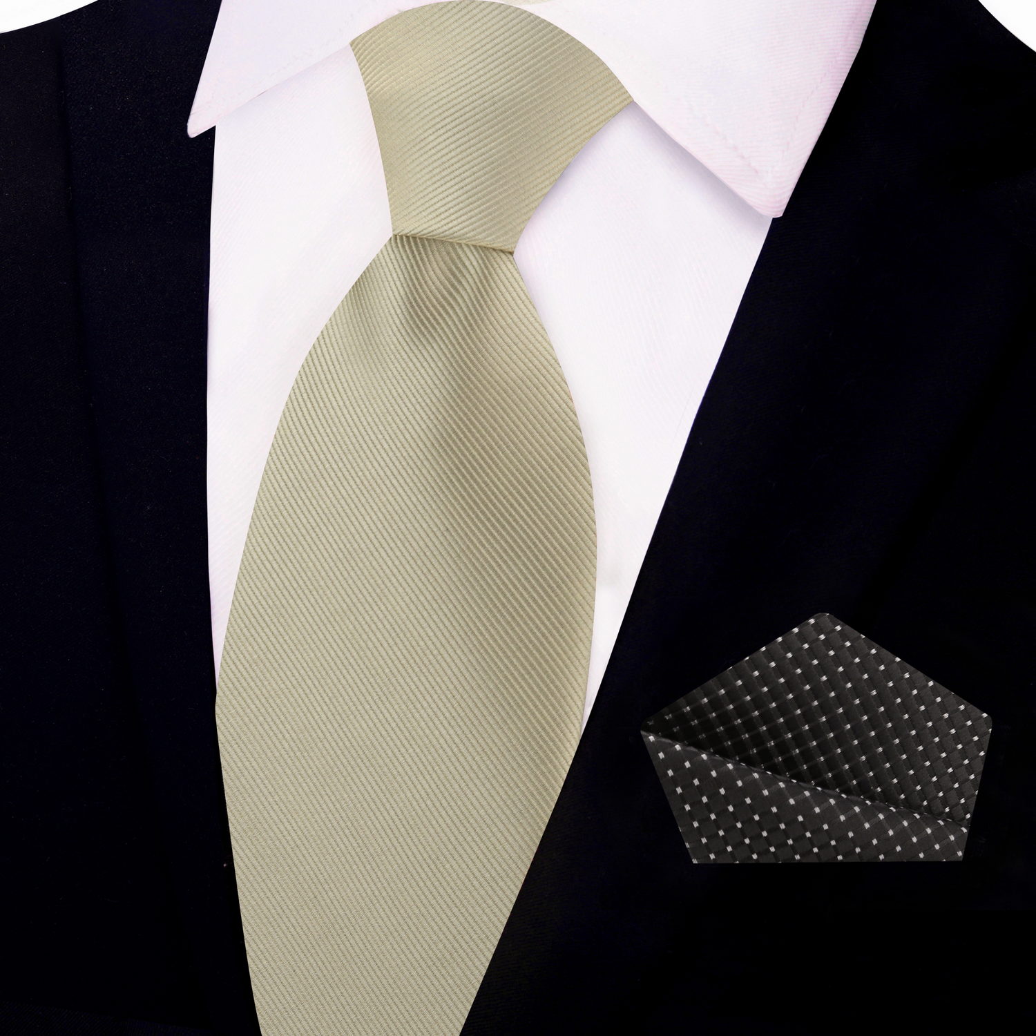 Solid Pale Gold Tie and Black Geometric Square