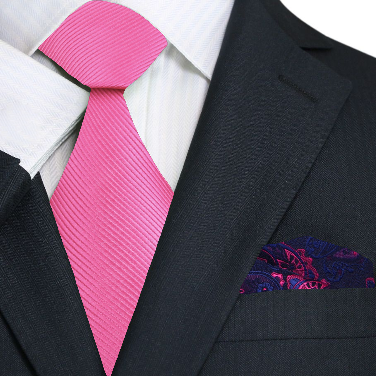 Premium Solid Pink Necktie with Blue and Pink Paisley Pocket Square