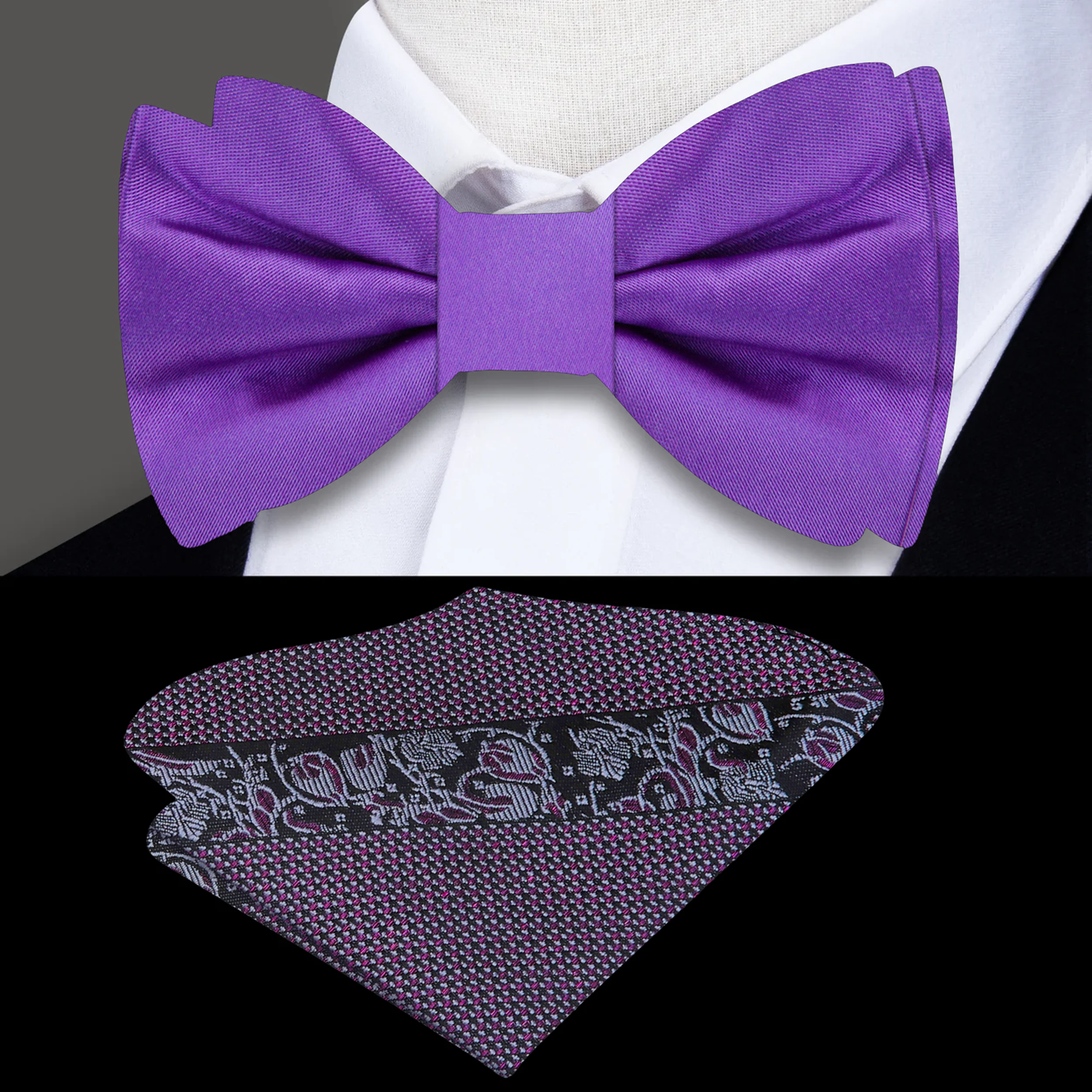 Solid Purple Bow Tie and Accenting  Pocket Square