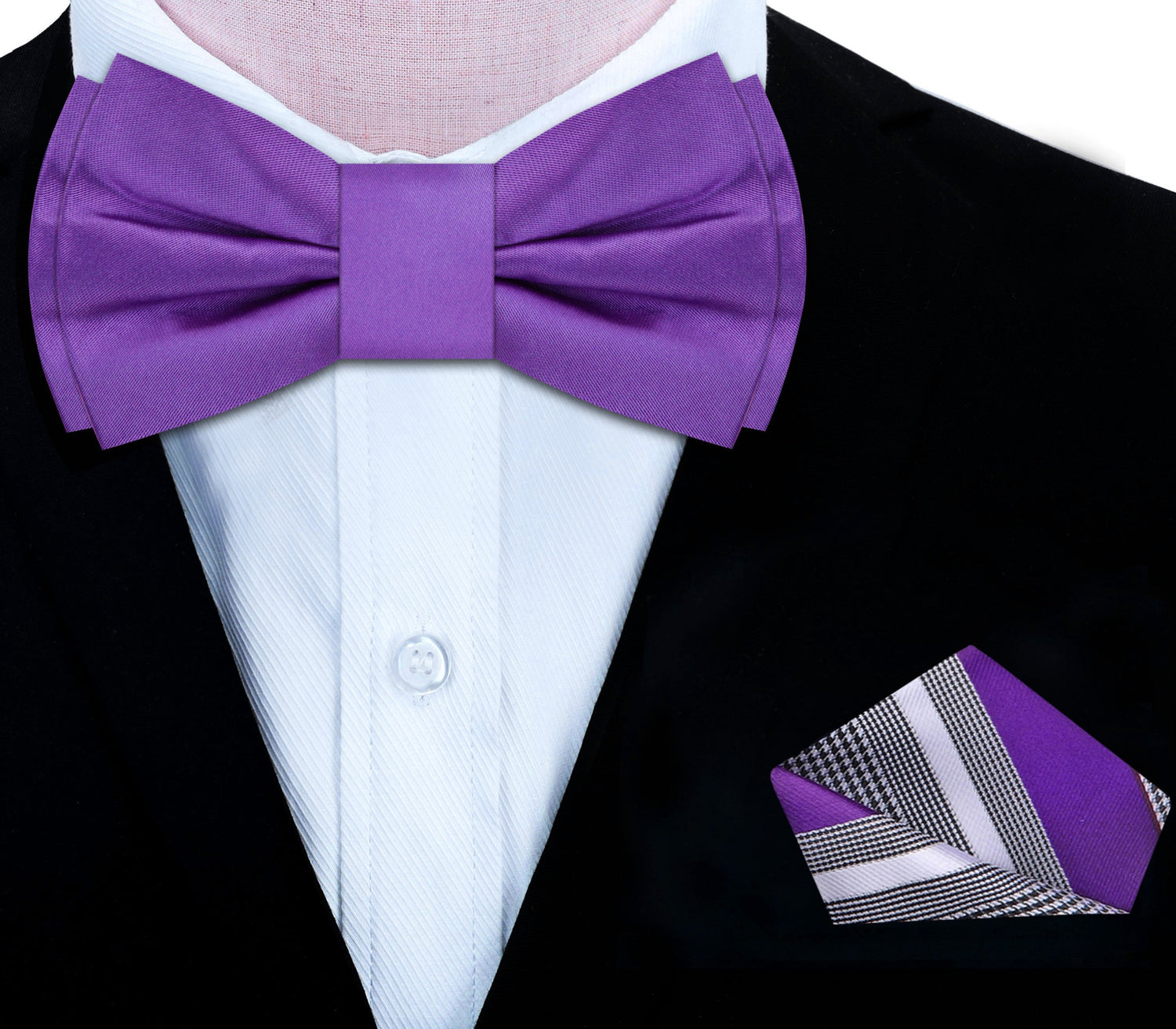 Solid Purple Bow Tie and Accenting Square on Suit