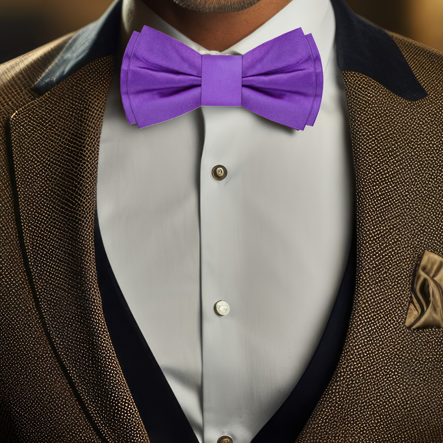 Solid Purple Bow Tie on Brown Suit