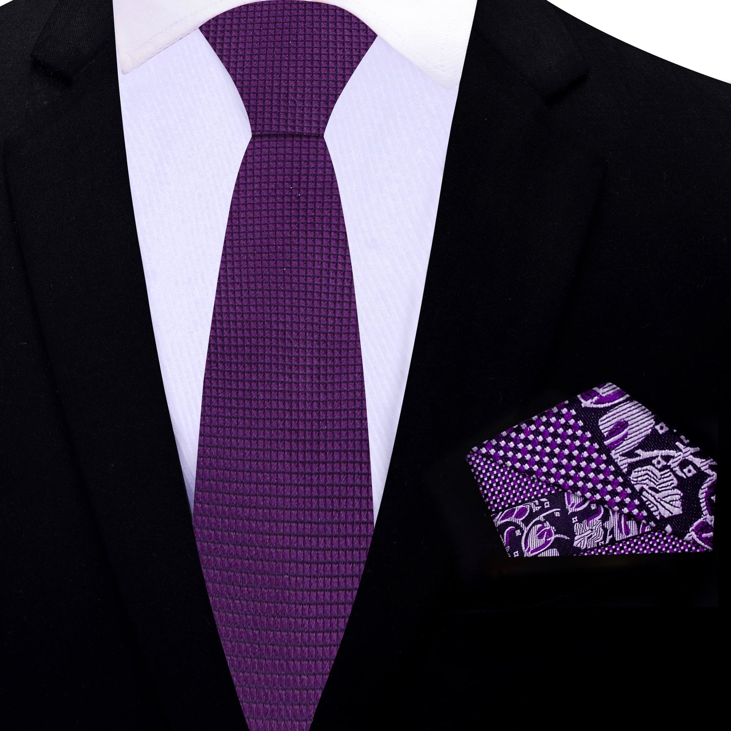 Thin Tie: Purple Tie with Purple and Silver Floral Square