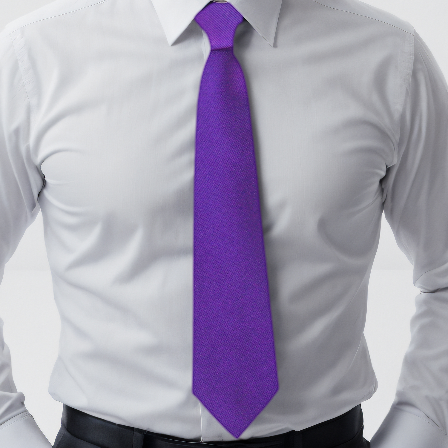 White Shirt: Purple Tie with Accenting Black, White and Purple Stripe Square