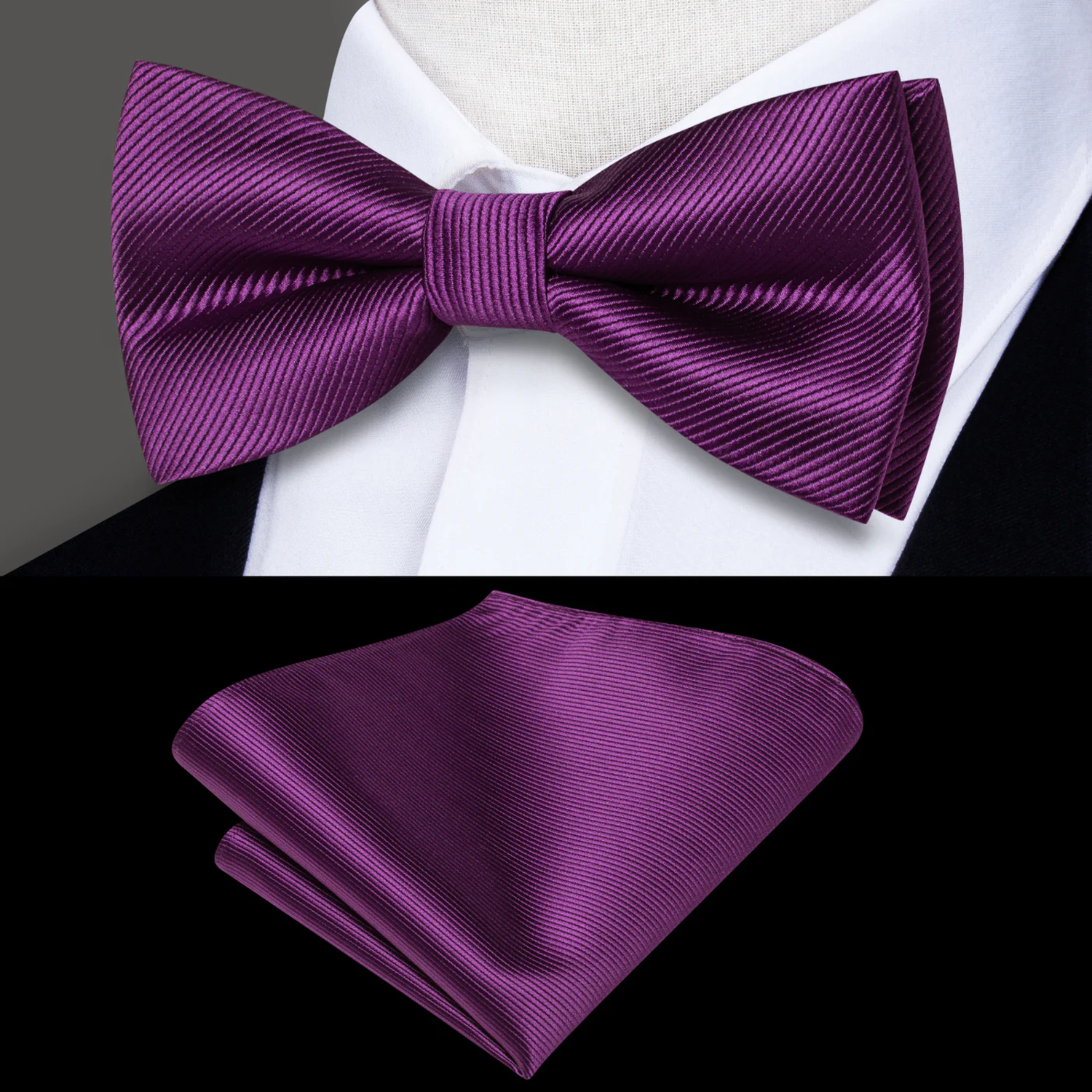 A Purple Solid Pattern Silk Self Tie Bow Tie, Matching Pocket Square
