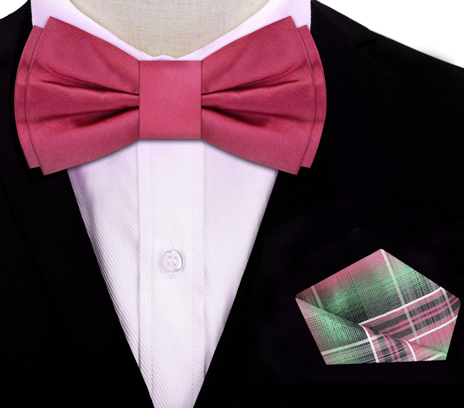 Raspberry Bow Tie with Green and Raspberry Plaid Pocket Square on Suit