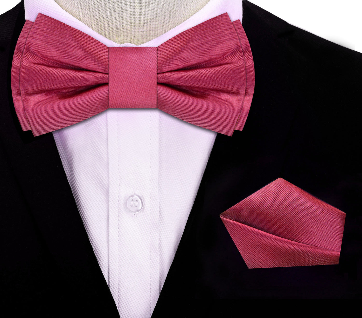 Raspberry Bow Tie with Green and Pocket Square on Suit