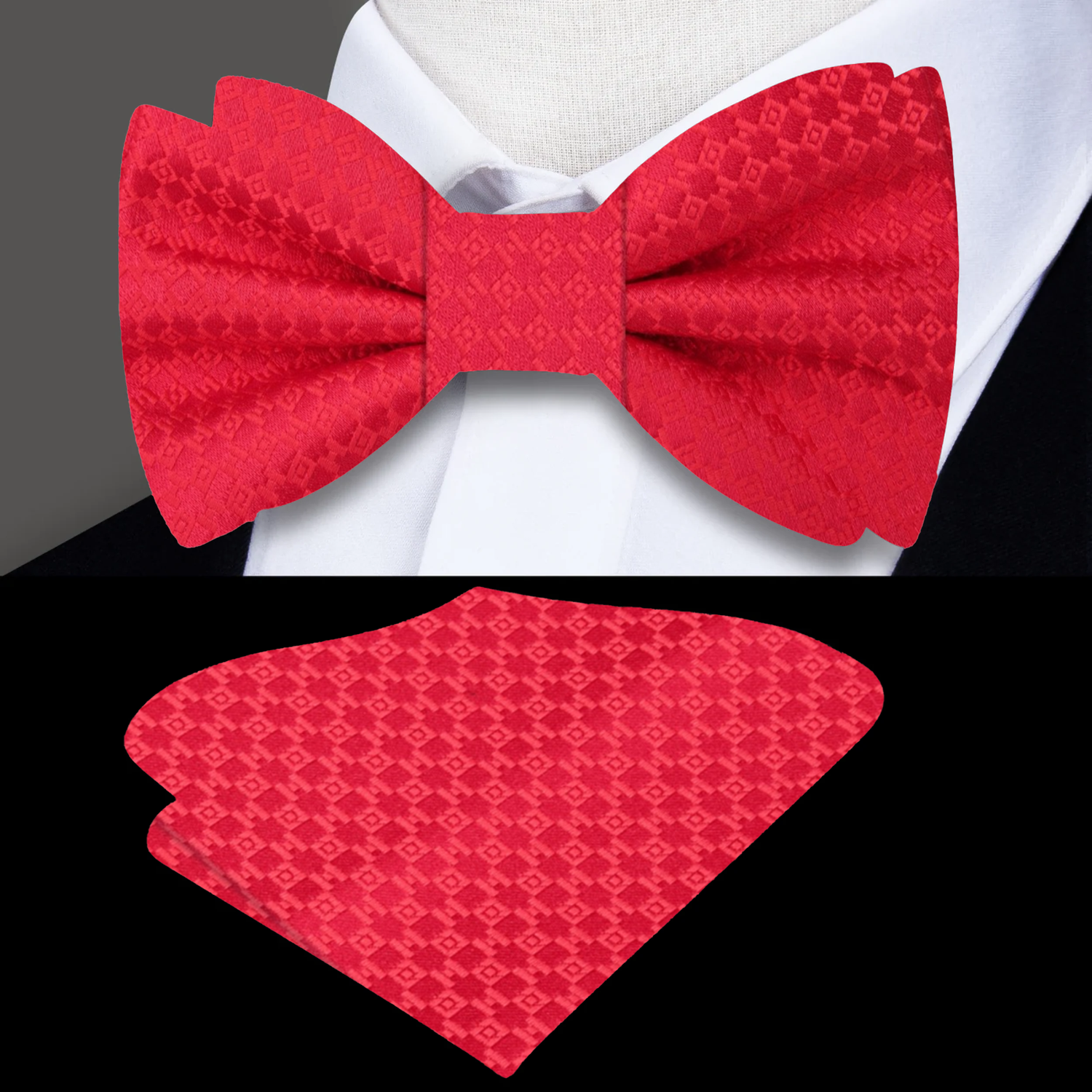 Red Geometric Bow Tie and Pocket Square