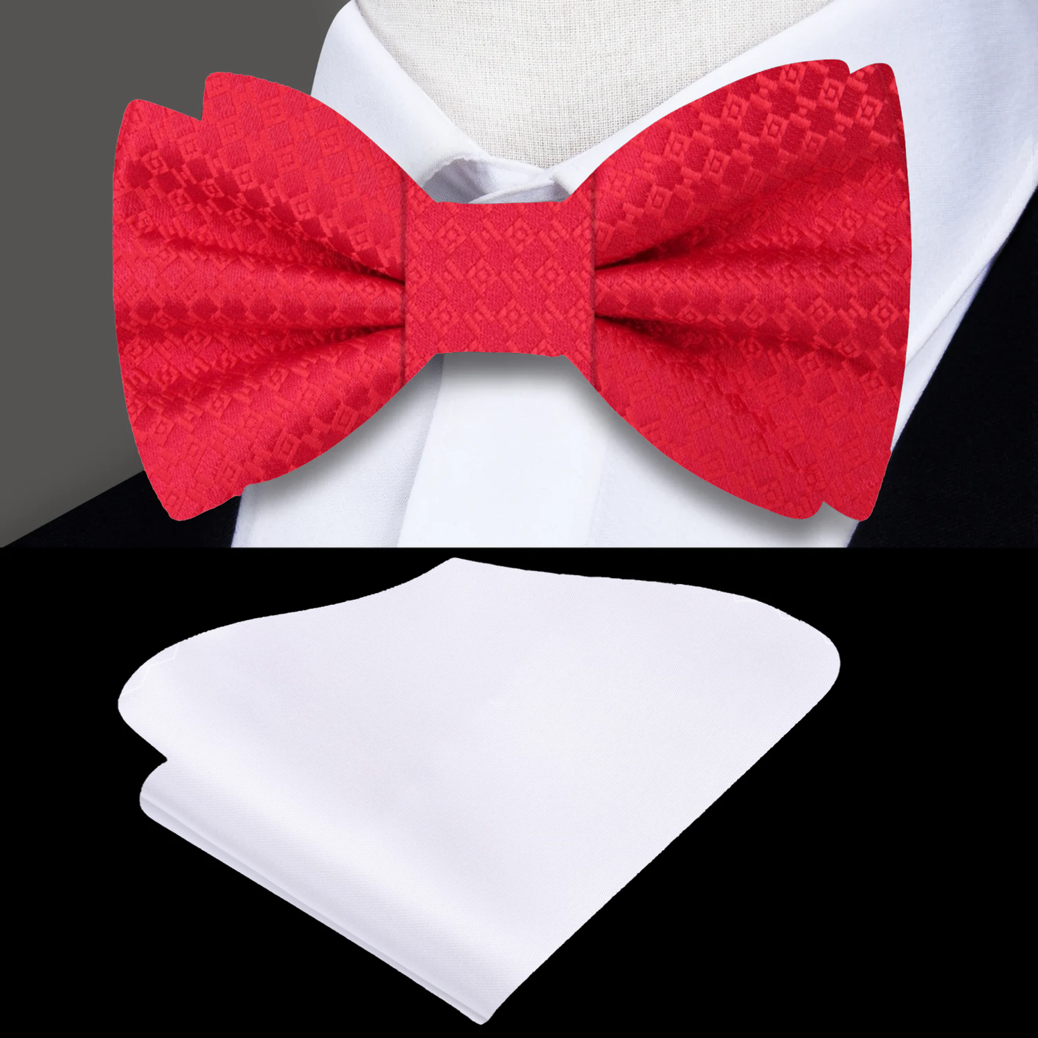 Red Geometric Bow Tie and White Pocket Square