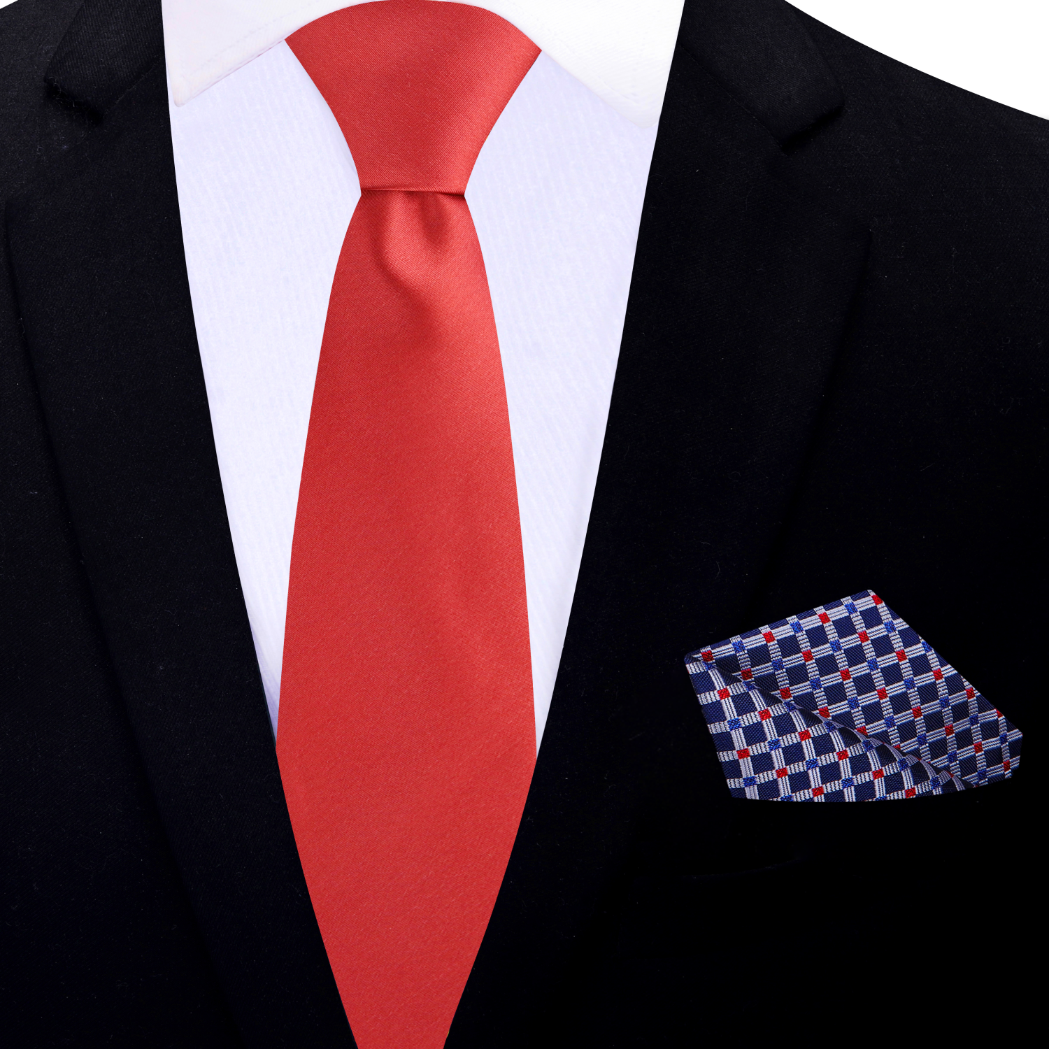 Thin Tie Solid Red Square Necktie and Accenting Dark Blue, Grey and Red Small Check Square