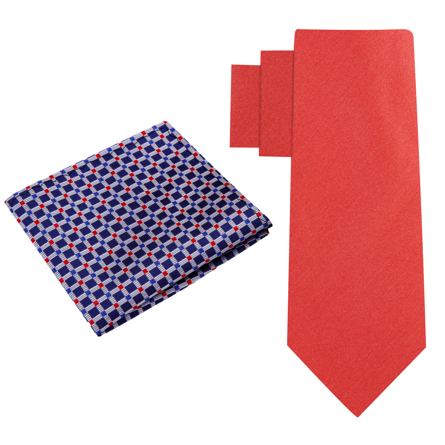Alt View: Solid Red Square Necktie and Accenting Dark Blue, Grey and Red Small Check Square