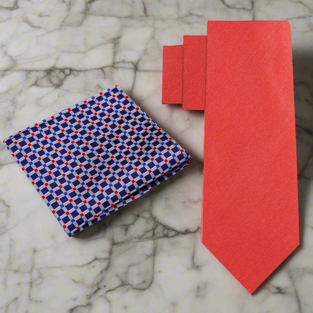 Alt View: Solid Red Square Necktie and Accenting Dark Blue, Grey and Red Small Check Square