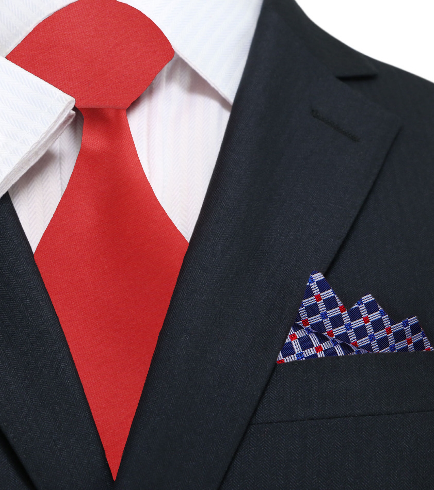 Solid Red Square Necktie and Accenting Dark Blue, Grey and Red Small Check Square