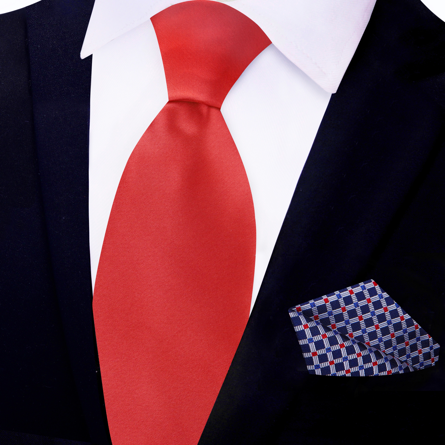 View 2: Solid Red Square Necktie and Accenting Dark Blue, Grey and Red Small Check Square