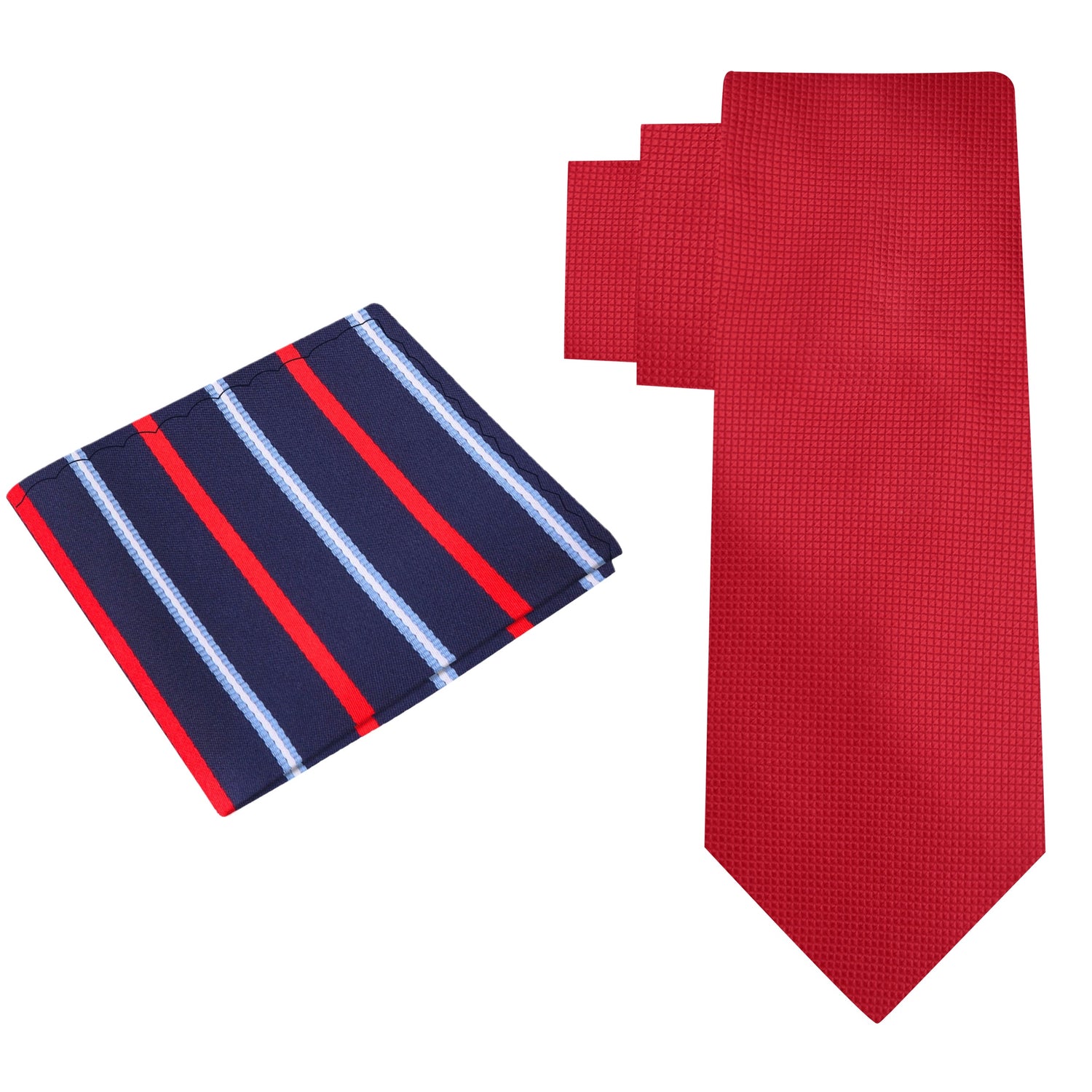 Alt View: Solid Red Necktie with Blue and Red Stripe Pocket Square