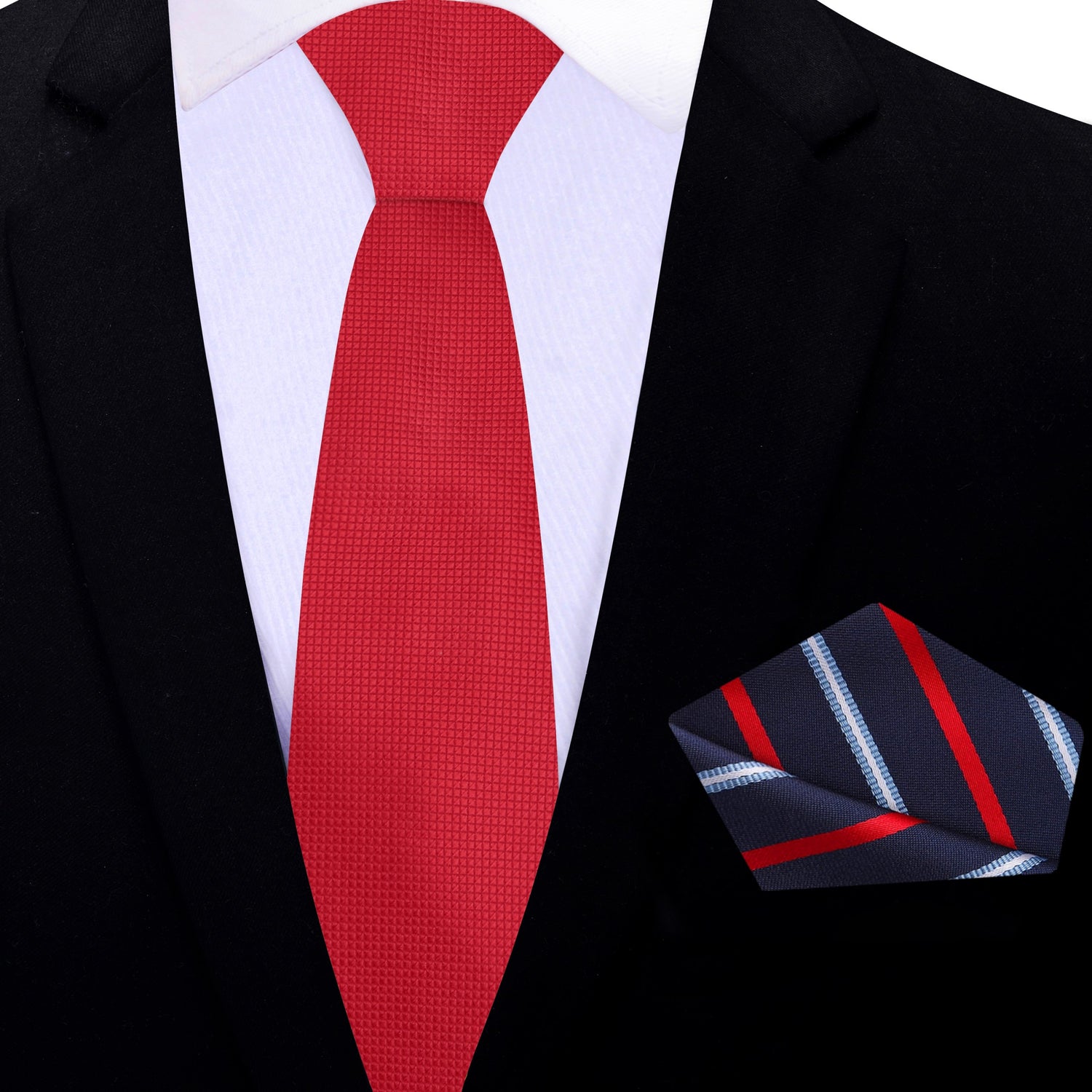 Thin Tie: Solid Red Necktie with Blue and Red Stripe Pocket Square