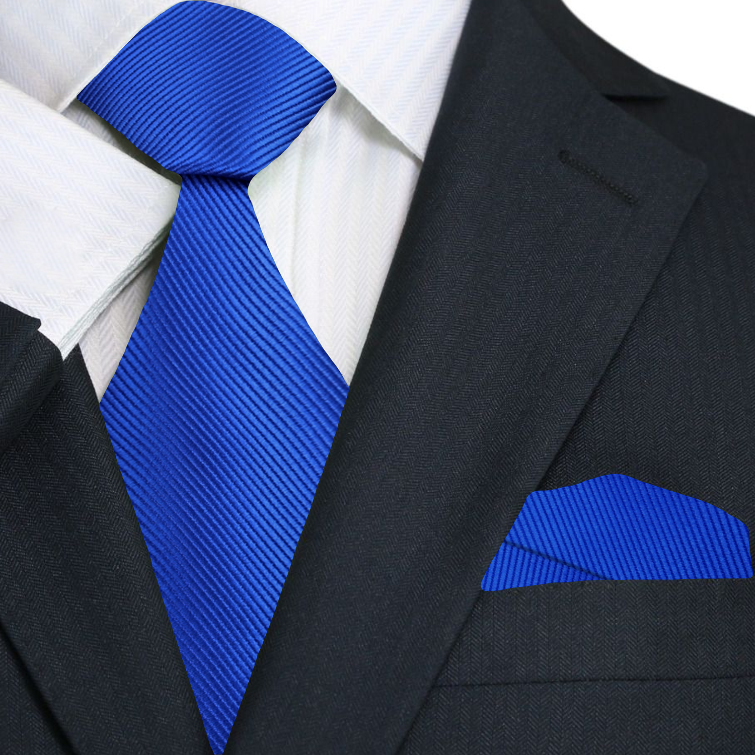 Black suit with white shirt, blue tie, and matching pocket square on a white background