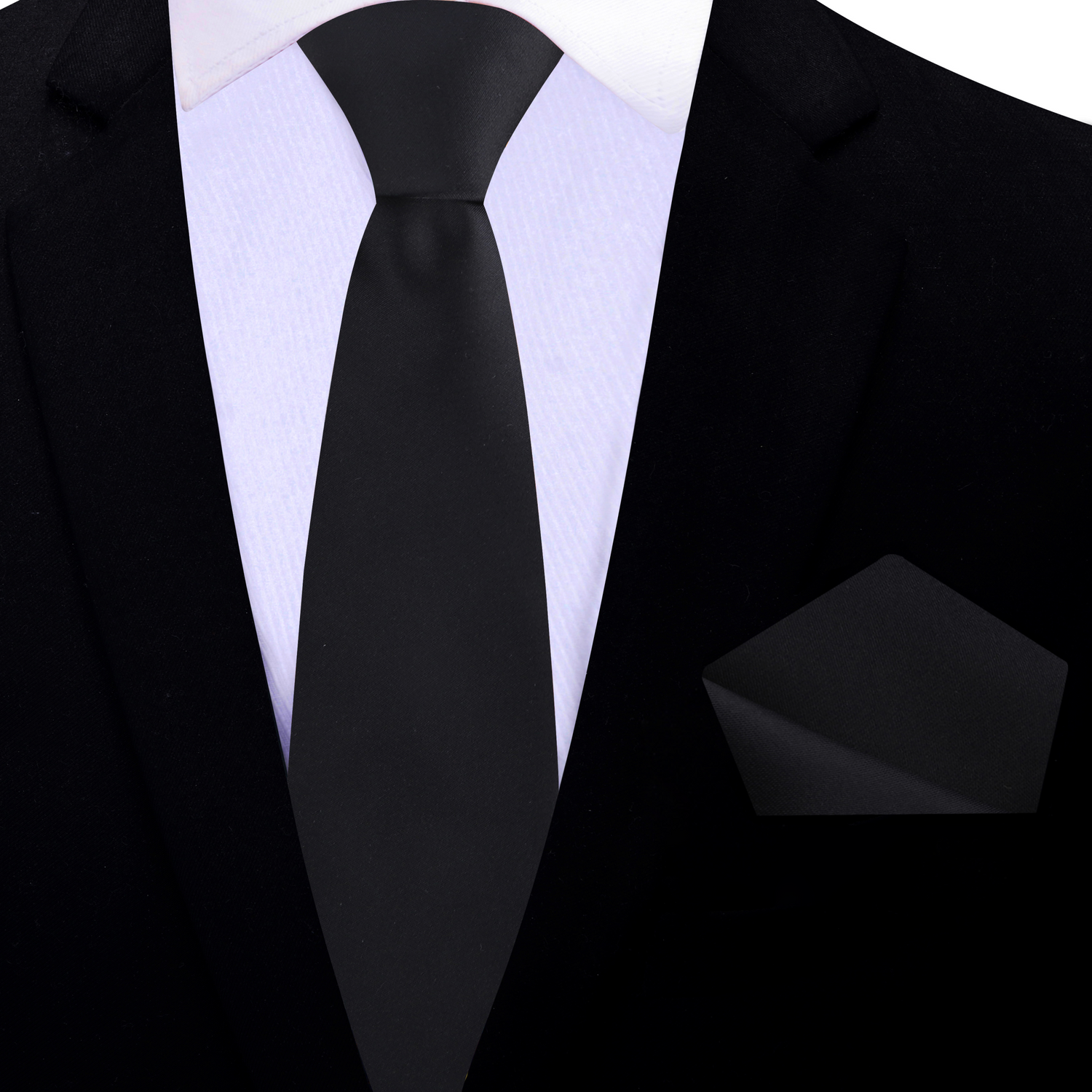 Thin Tie: Black Necktie with Solid Black Pocket Square on Black Suit