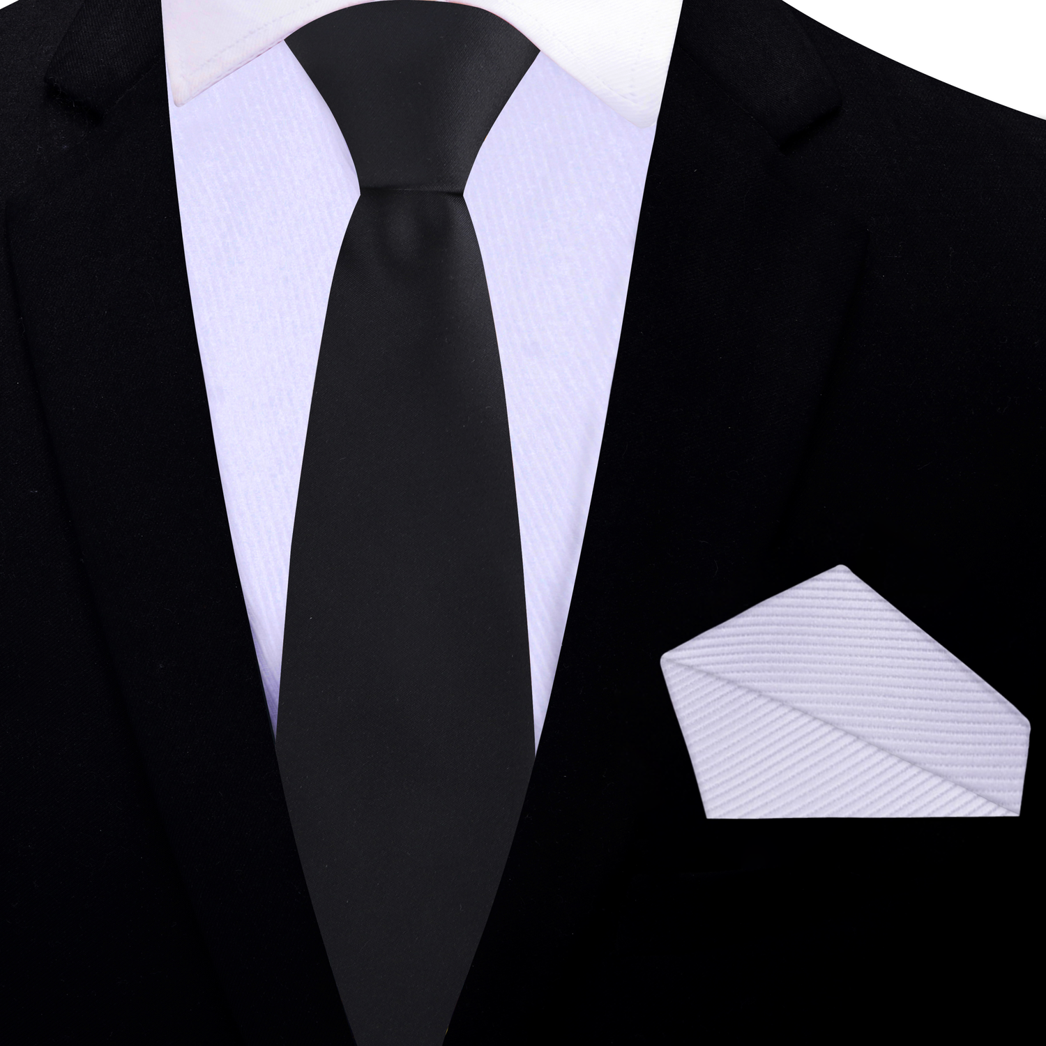 Thin Tie: Black Necktie with Solid White Pocket Square on Black Suit