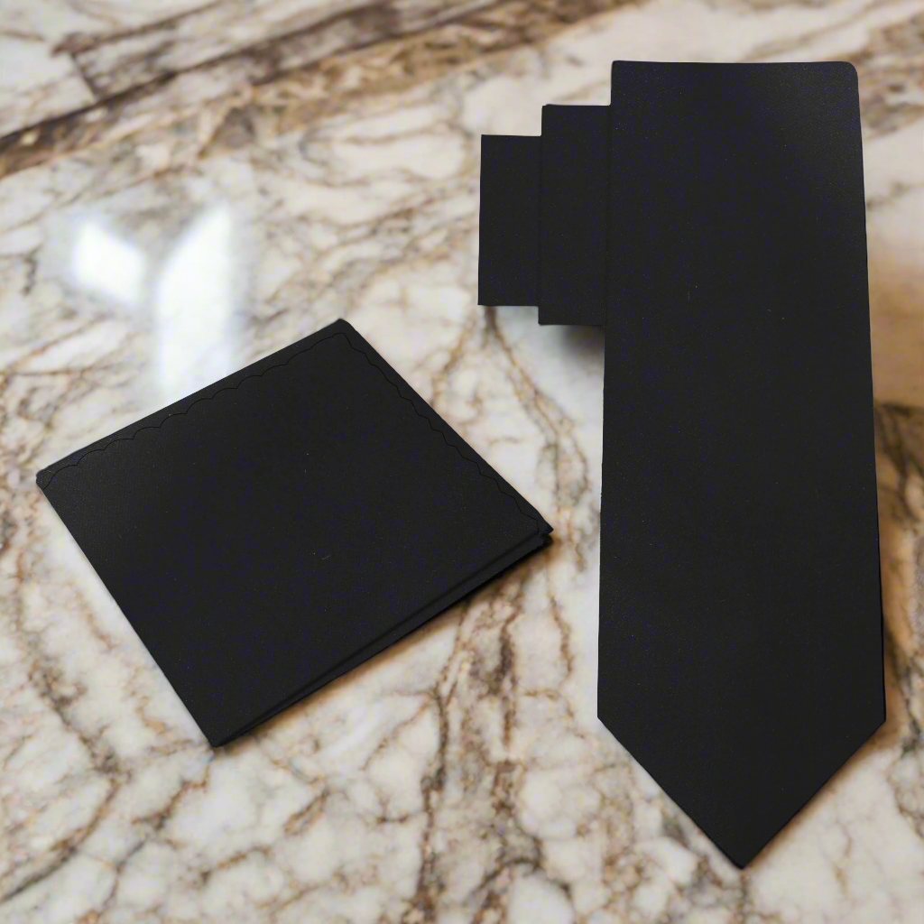 Alt View: Black Necktie with Solid Black Pocket Square on Black Suit