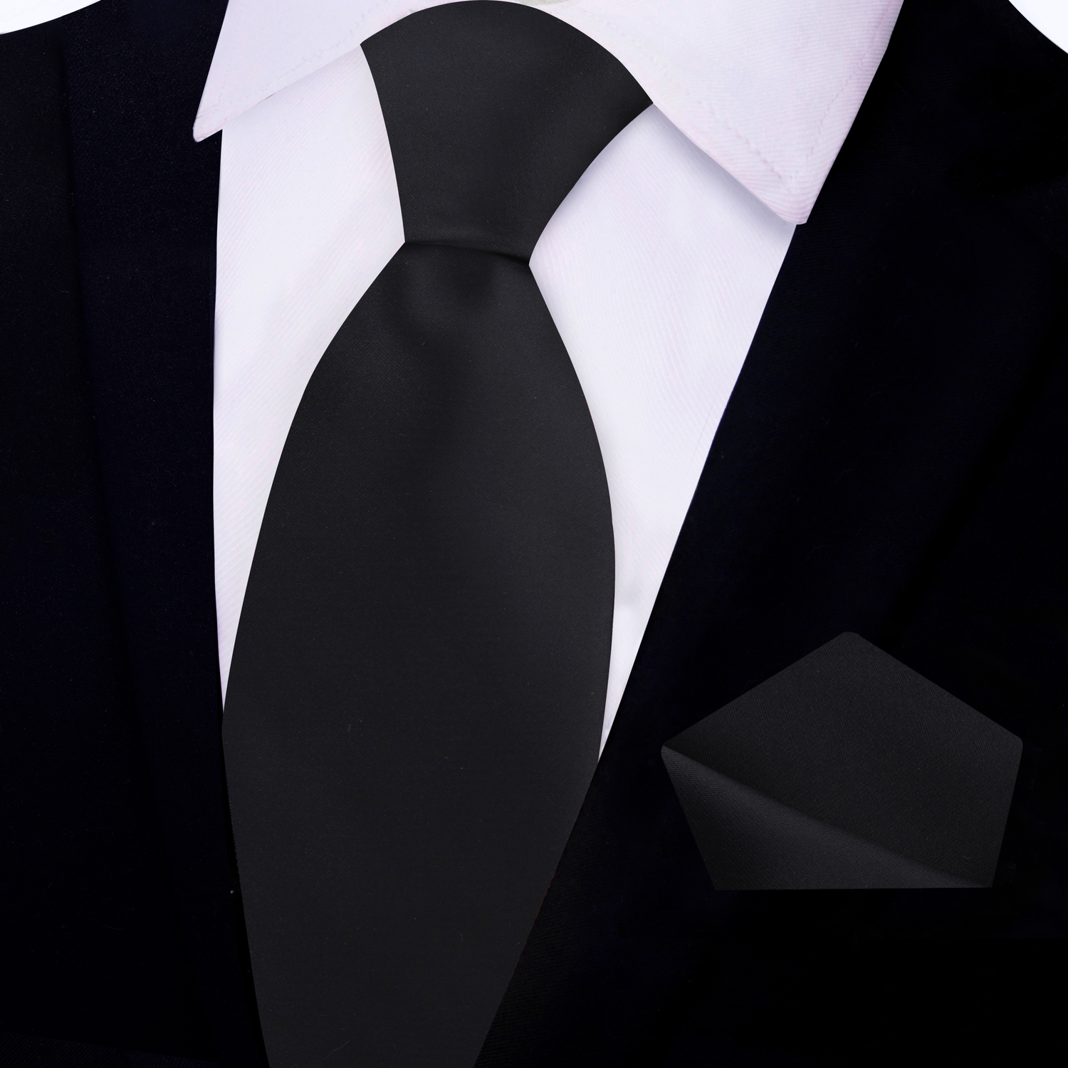 Black Necktie with Solid Black Pocket Square on Black Suit