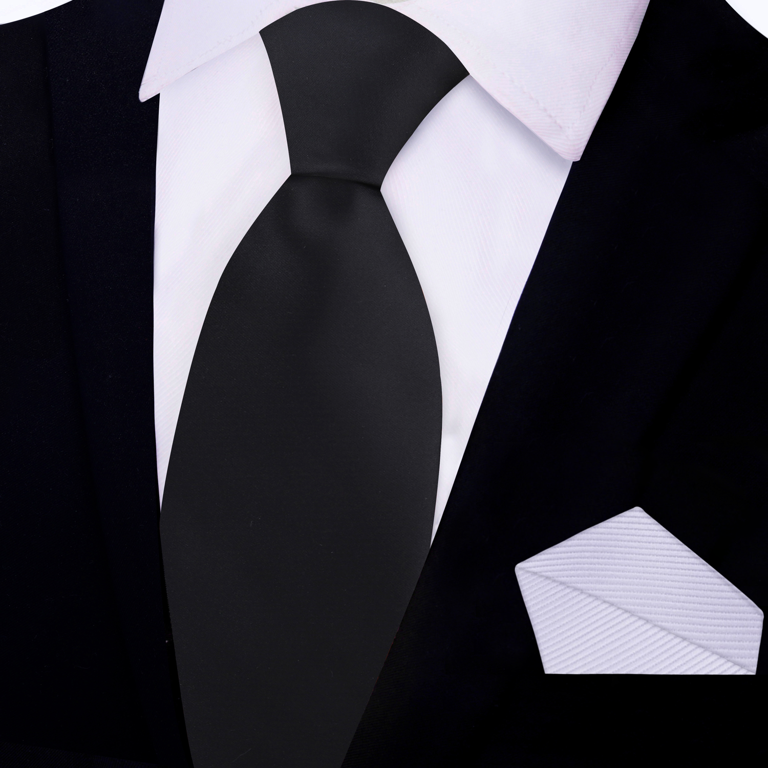 Black Necktie with Solid White Pocket Square on Black Suit