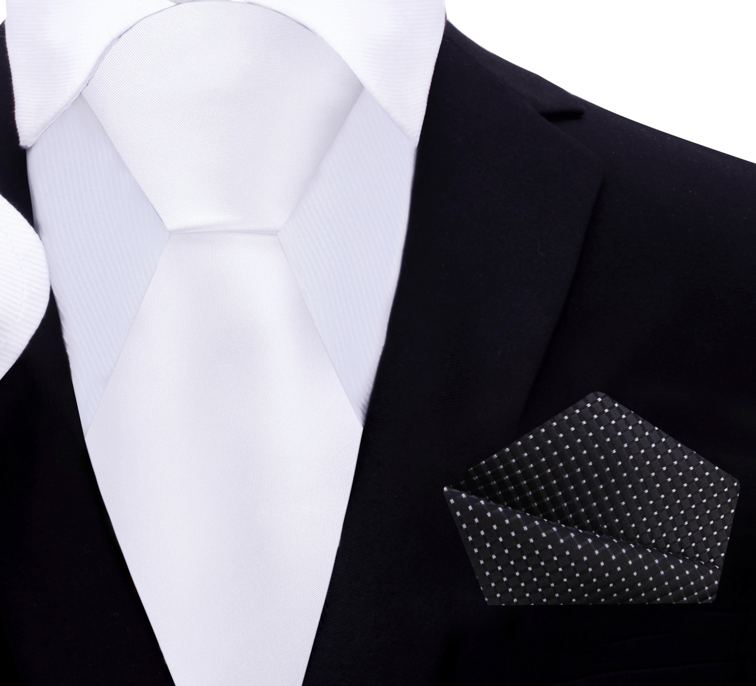 Solid White Tie with Black Check Square