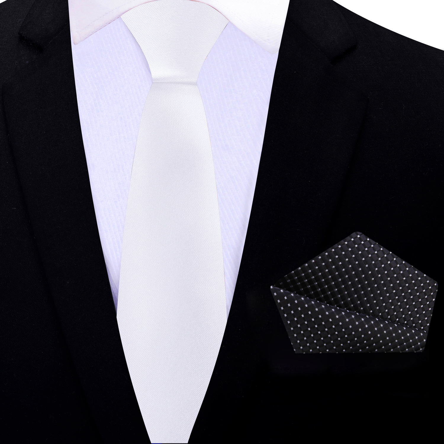 Thin Tie: Solid White Tie with Black Check Square