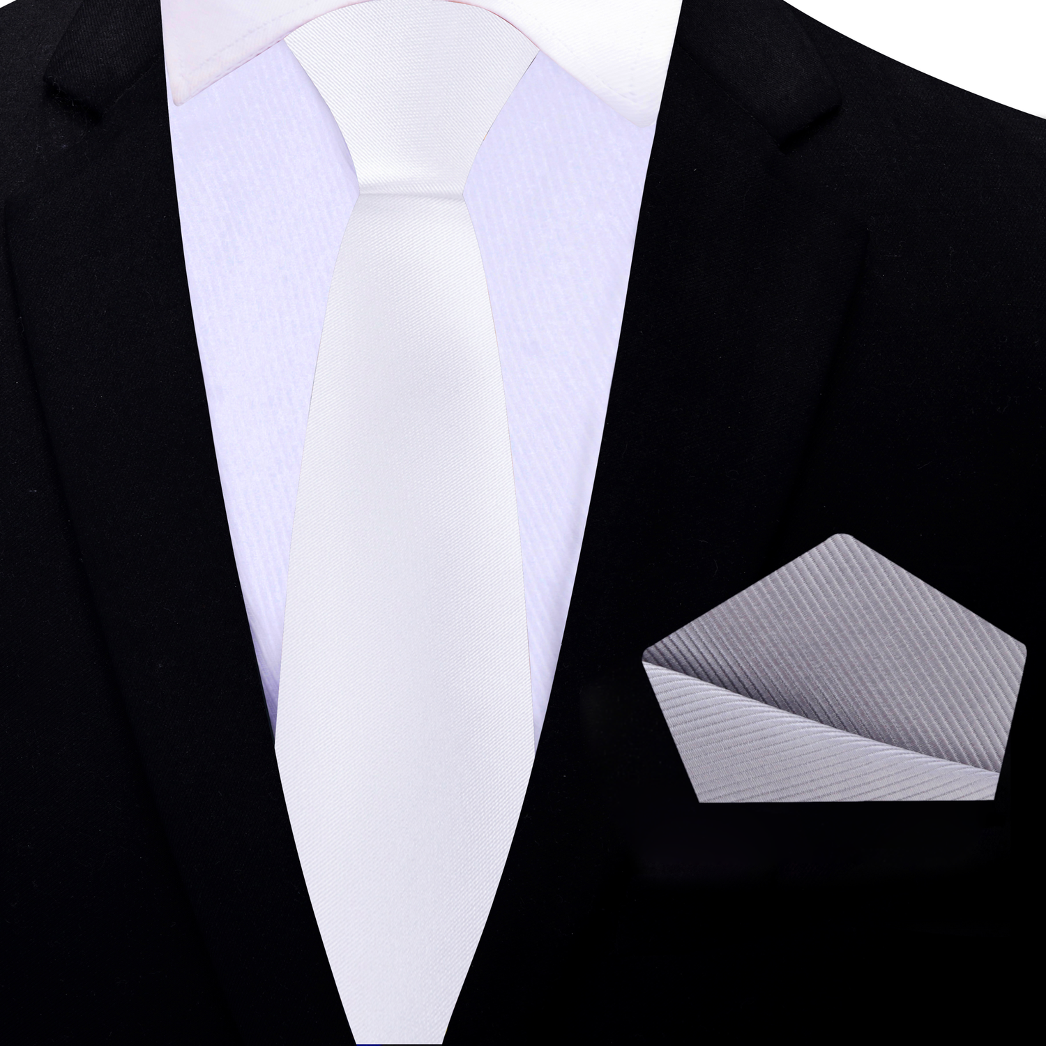 Thin Tie: Solid White Tie with Silver Square