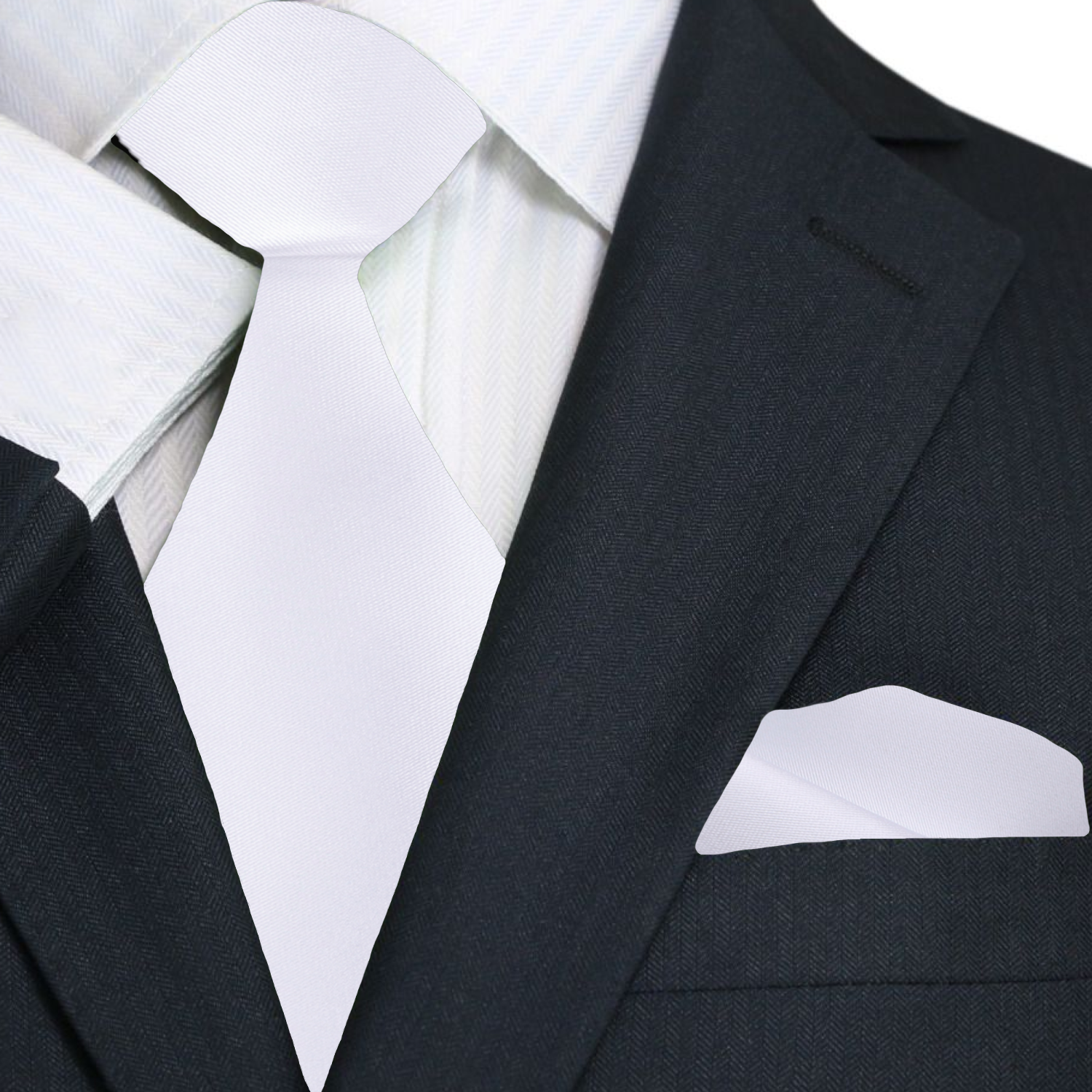 A Solid White Pattern Necktie, Matching Pocket Square||White