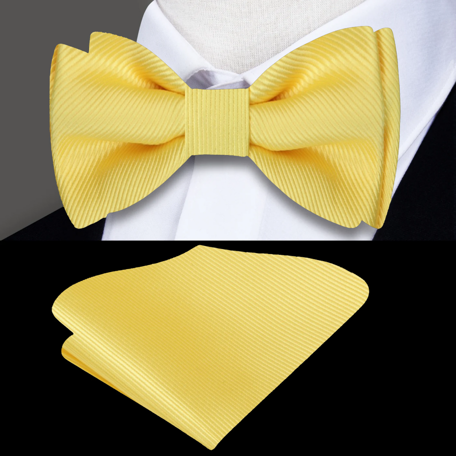 Main: A Yellow Solid Pattern Silk Self Tie Bow Tie, Matching Pocket Square