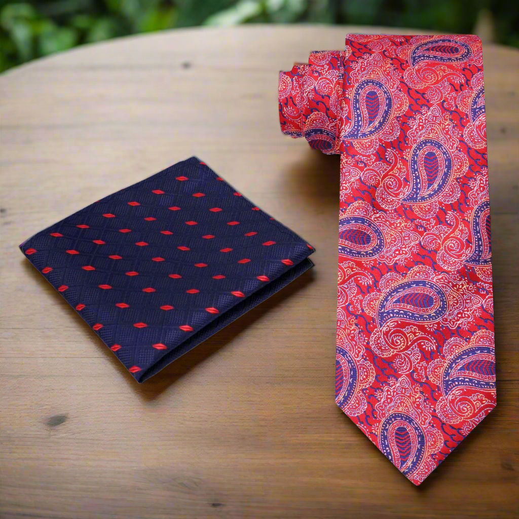 Alt Premium Red with Blue Paisley Tie and Accenting Pocket Square