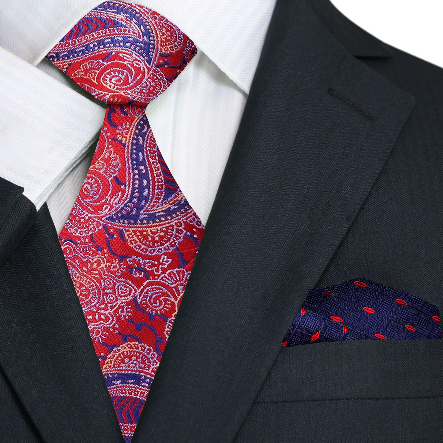 Premium Red with Blue Paisley Tie and Accenting Pocket Square