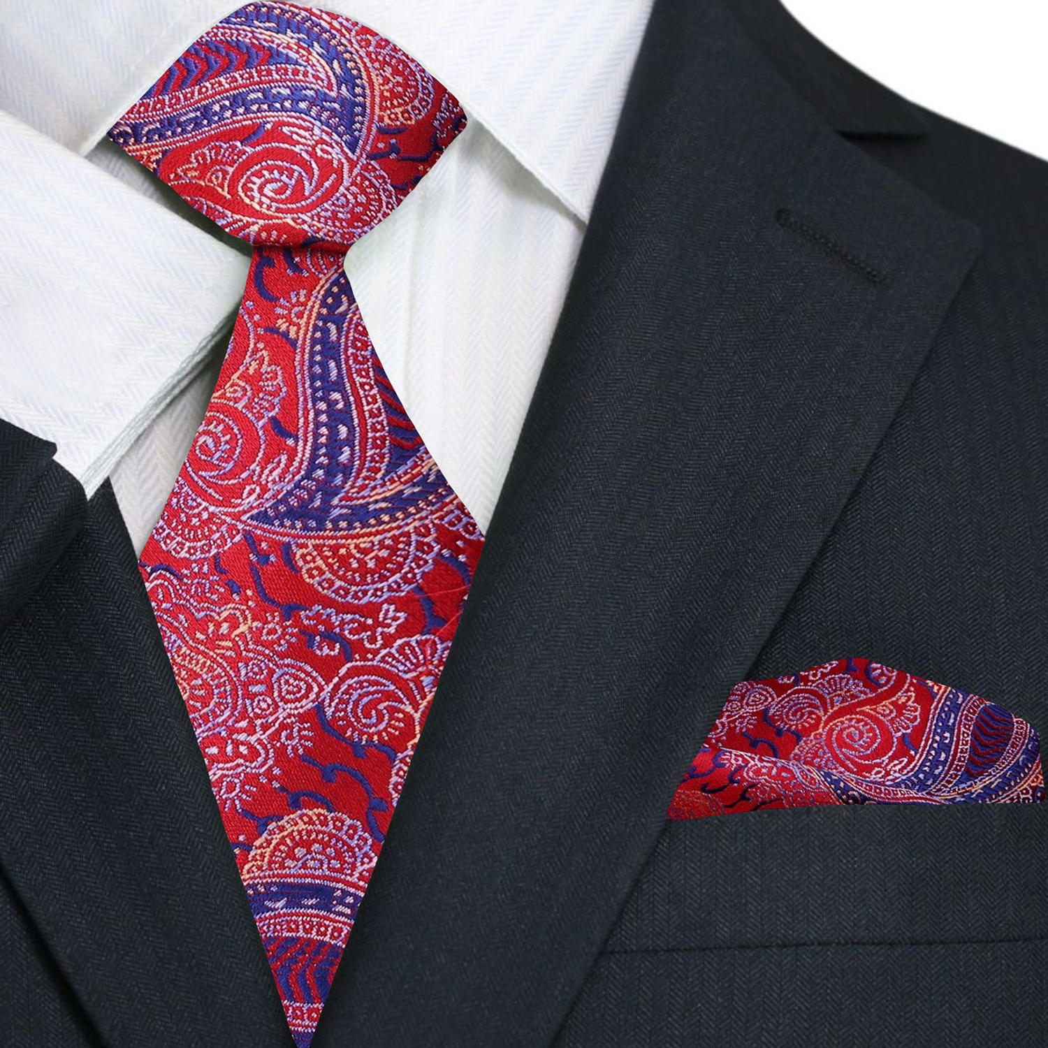 Premium Red with Blue Paisley Tie and Pocket Square