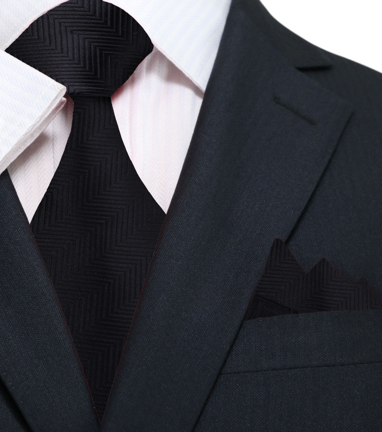 A Solid Black Pattern Silk Necktie, Matching Pocket Square||Black
