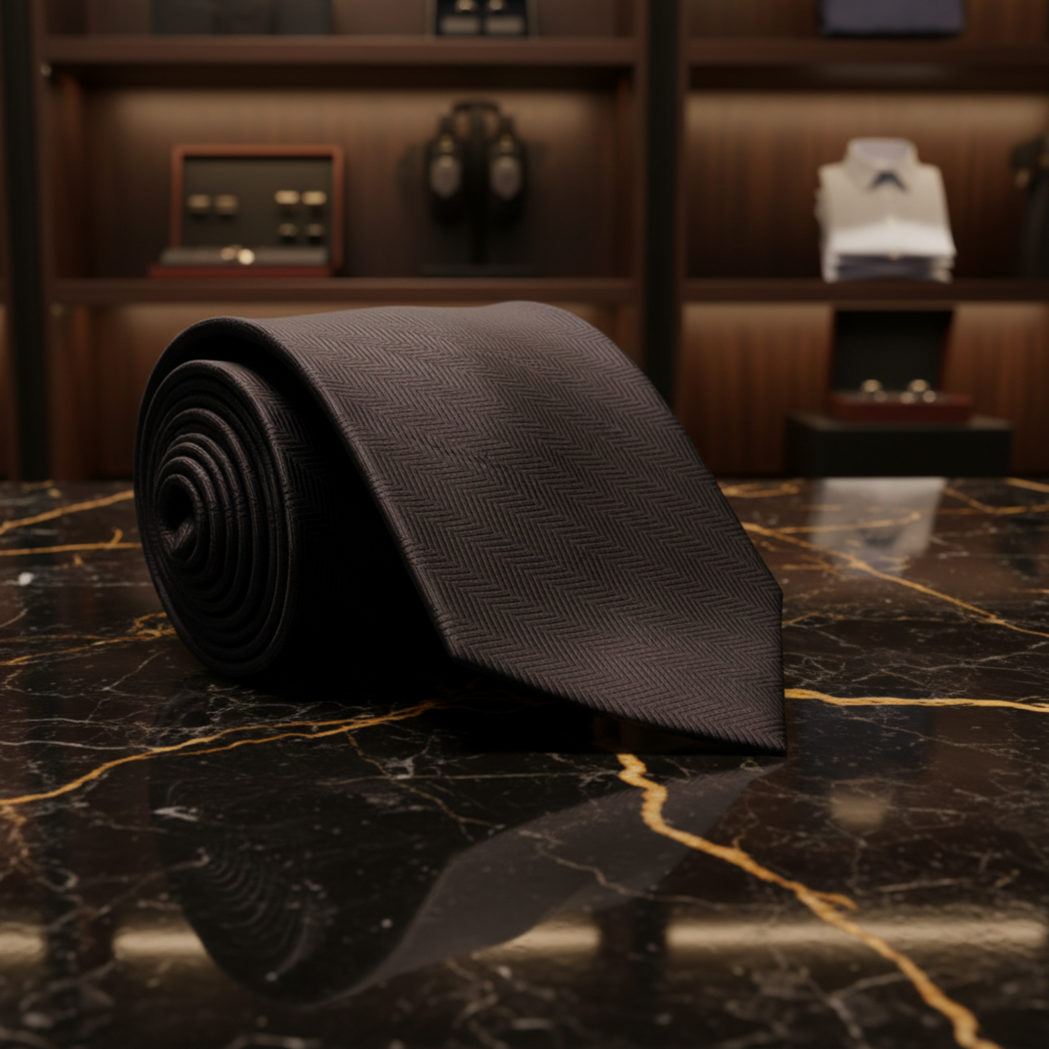 Dark Charcoal Grey Herringbone Textured Necktie
