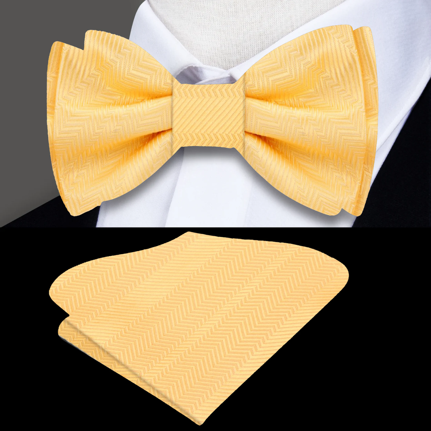 A Dandelion Yellow Solid Pattern Self Tie Bow Tie, Matching Pocket Square
