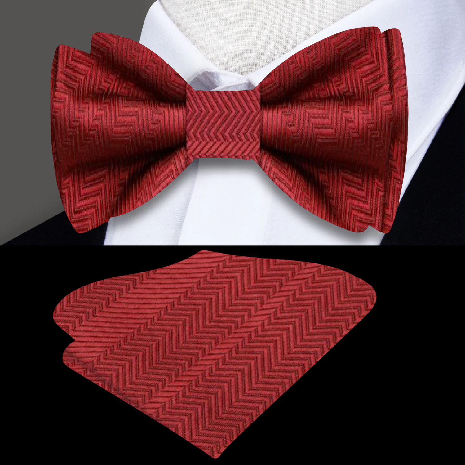 Main: A Garnet Red Solid Pattern Self Tie Bow Tie, Matching Pocket Square||Garnet Red