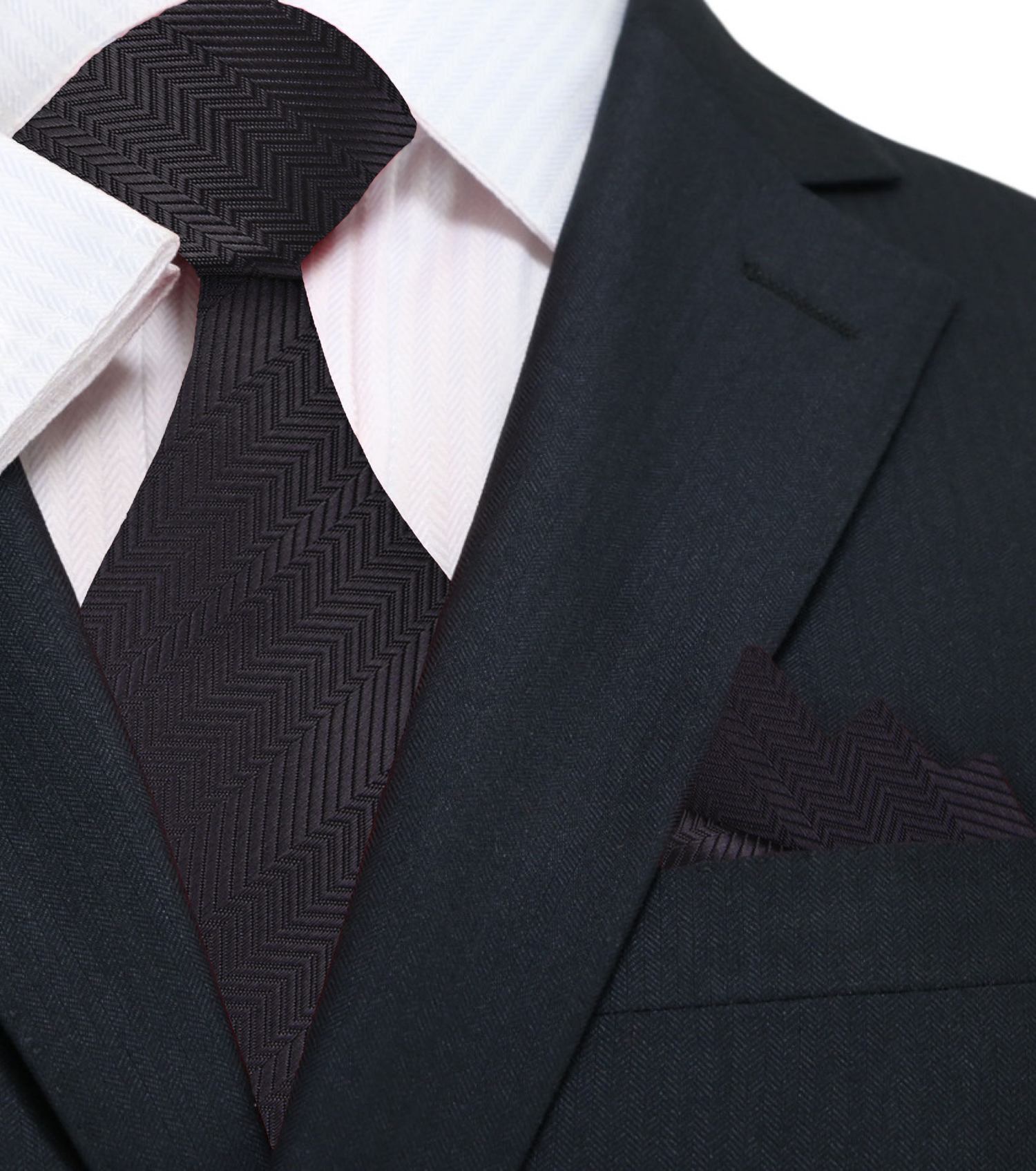 A Solid Graphite Shadow Pattern Silk Necktie, Matching Pocket Square||Graphite Shadow