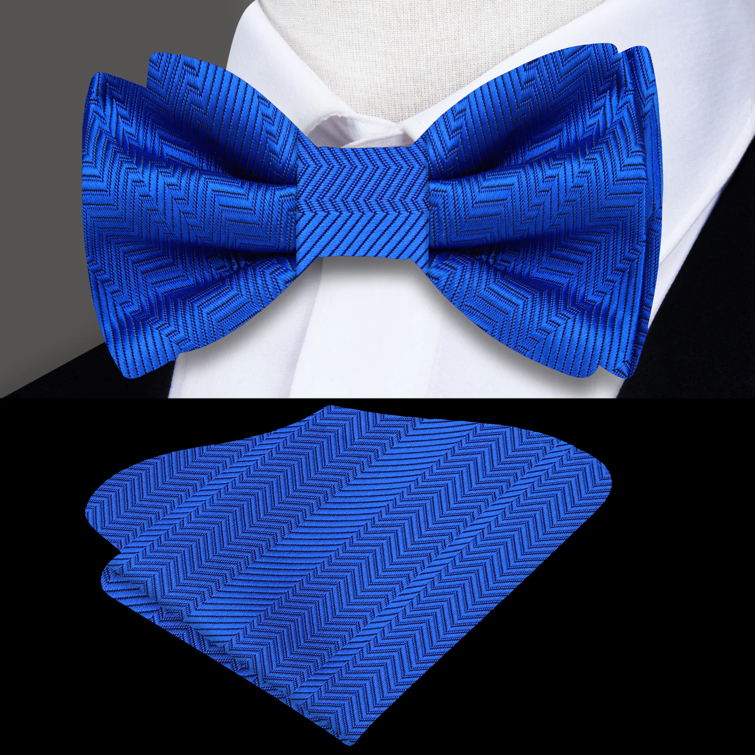 Main: A Solid Rich Royal Blue Pattern Silk Self Tie Bow Tie, Matching Pocket Square||Rich Royal Blue
