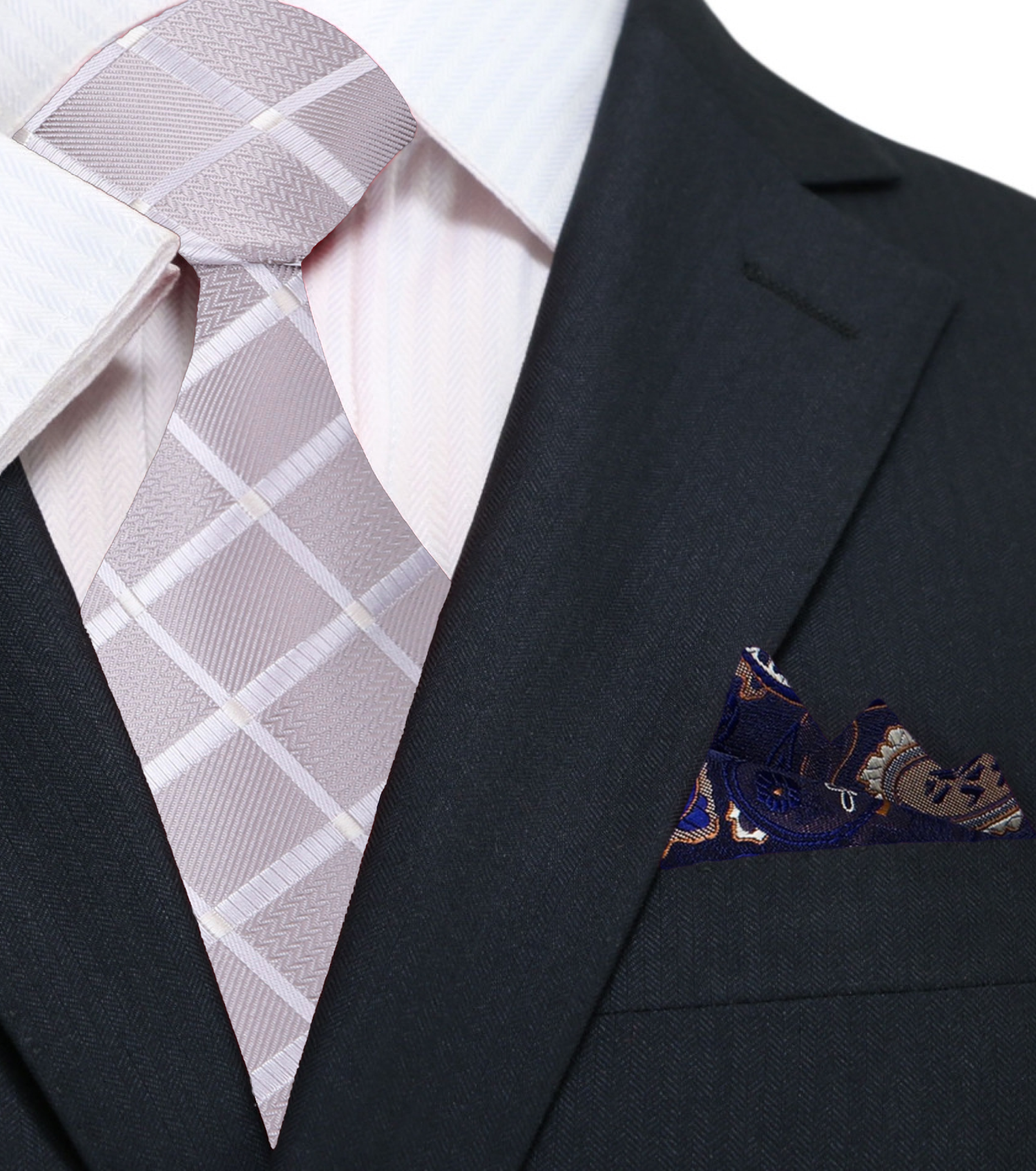 Pearl Geometric Tie and Accenting Blue and Brown Paisley Pocket Square
