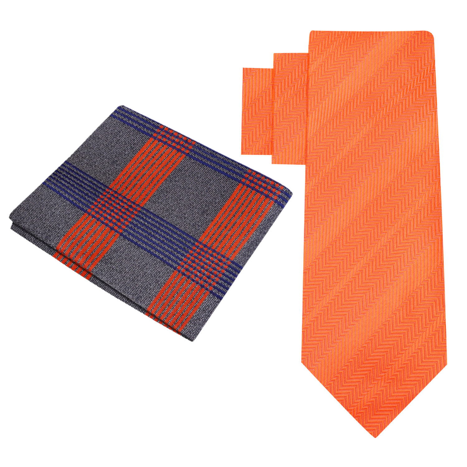 View 2 Solid Orange Necktie and Accenting Grey, Blue, Orange Plaid Square