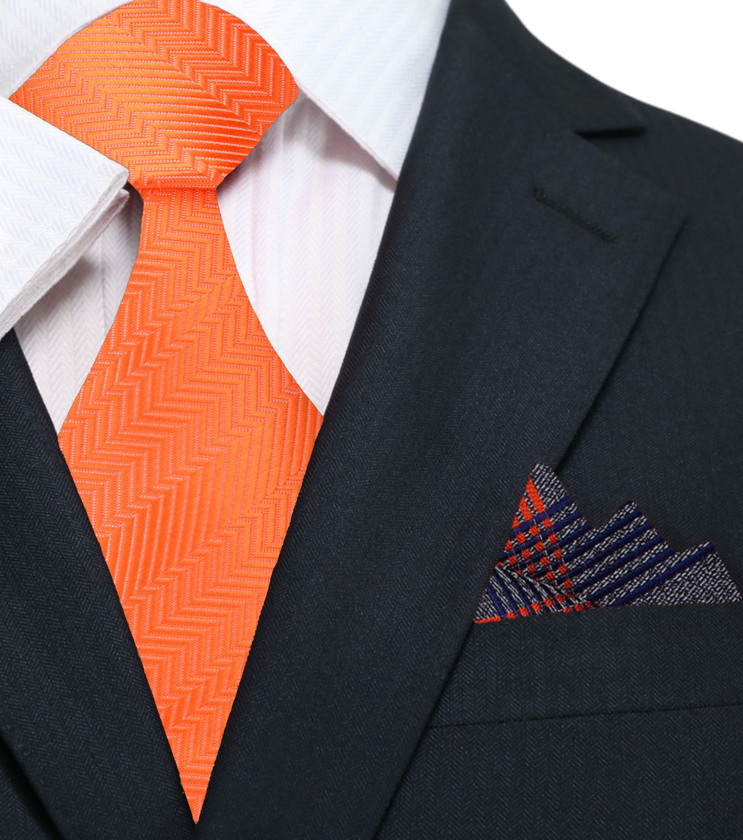 Solid Orange Necktie and Accenting Grey, Blue, Orange Plaid Square