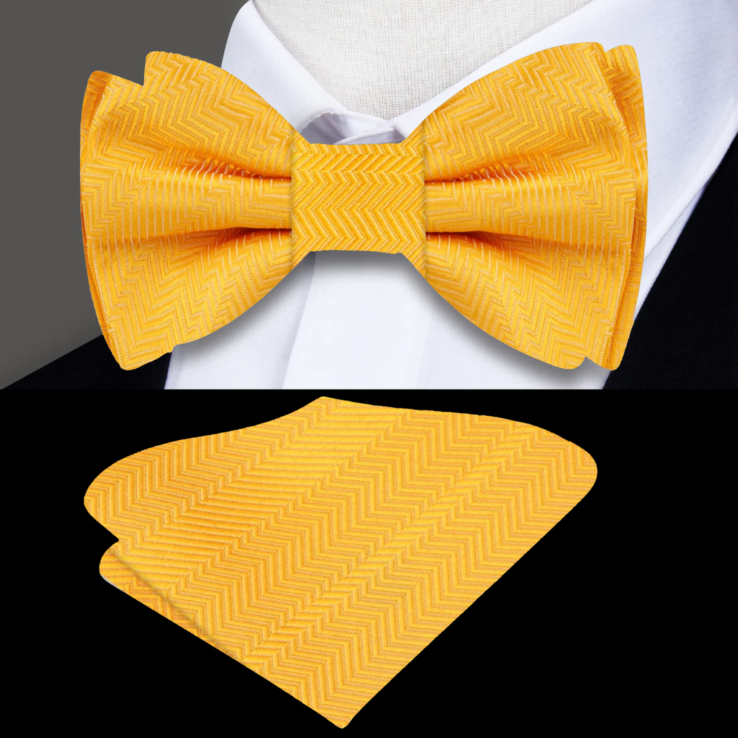 A Tuscany Yellow Solid Pattern Self Tie Bow Tie, Matching Pocket Square