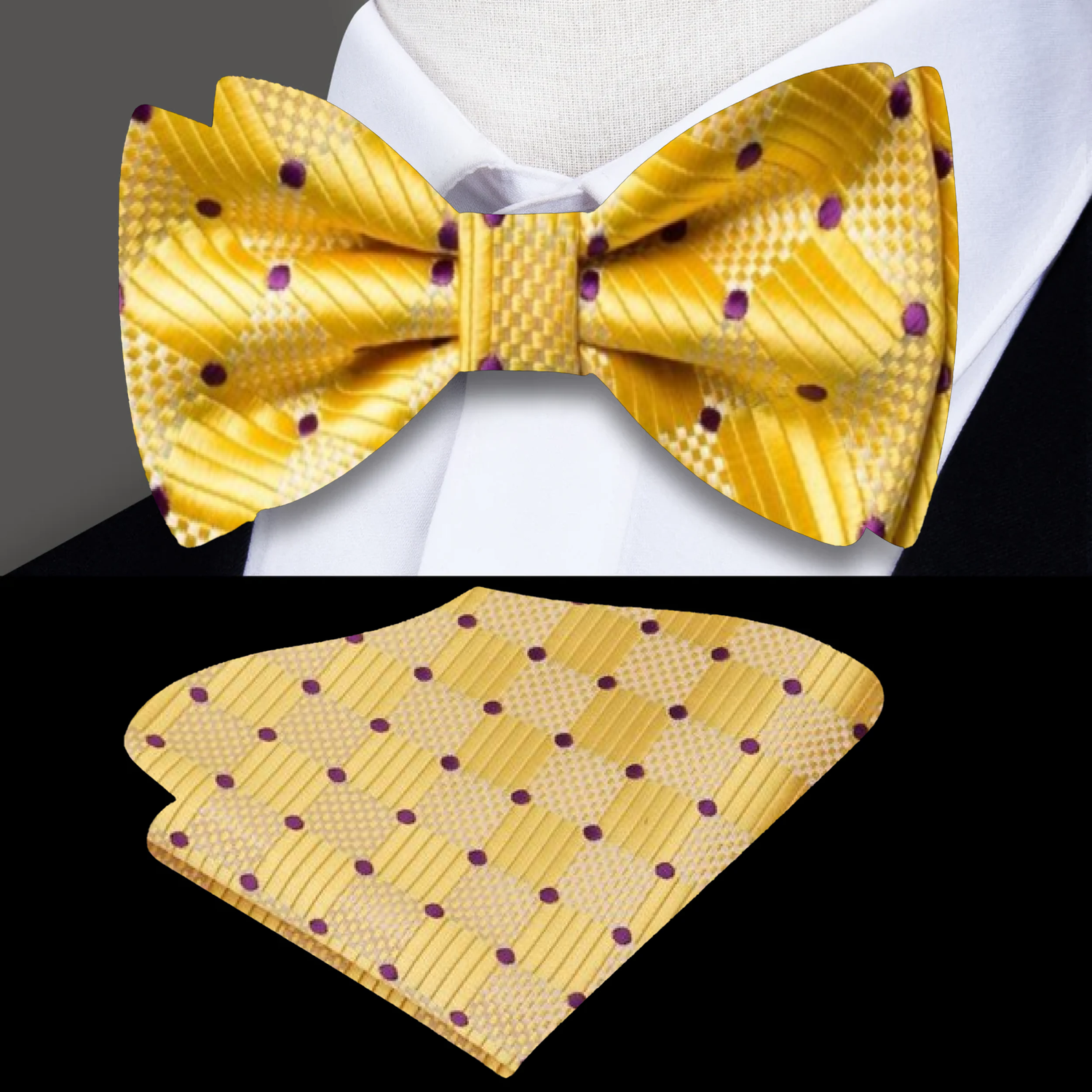A Yellow, Purple Geometric With Dot Pattern Silk Self Tie Bow Tie, Matching Pocket Square