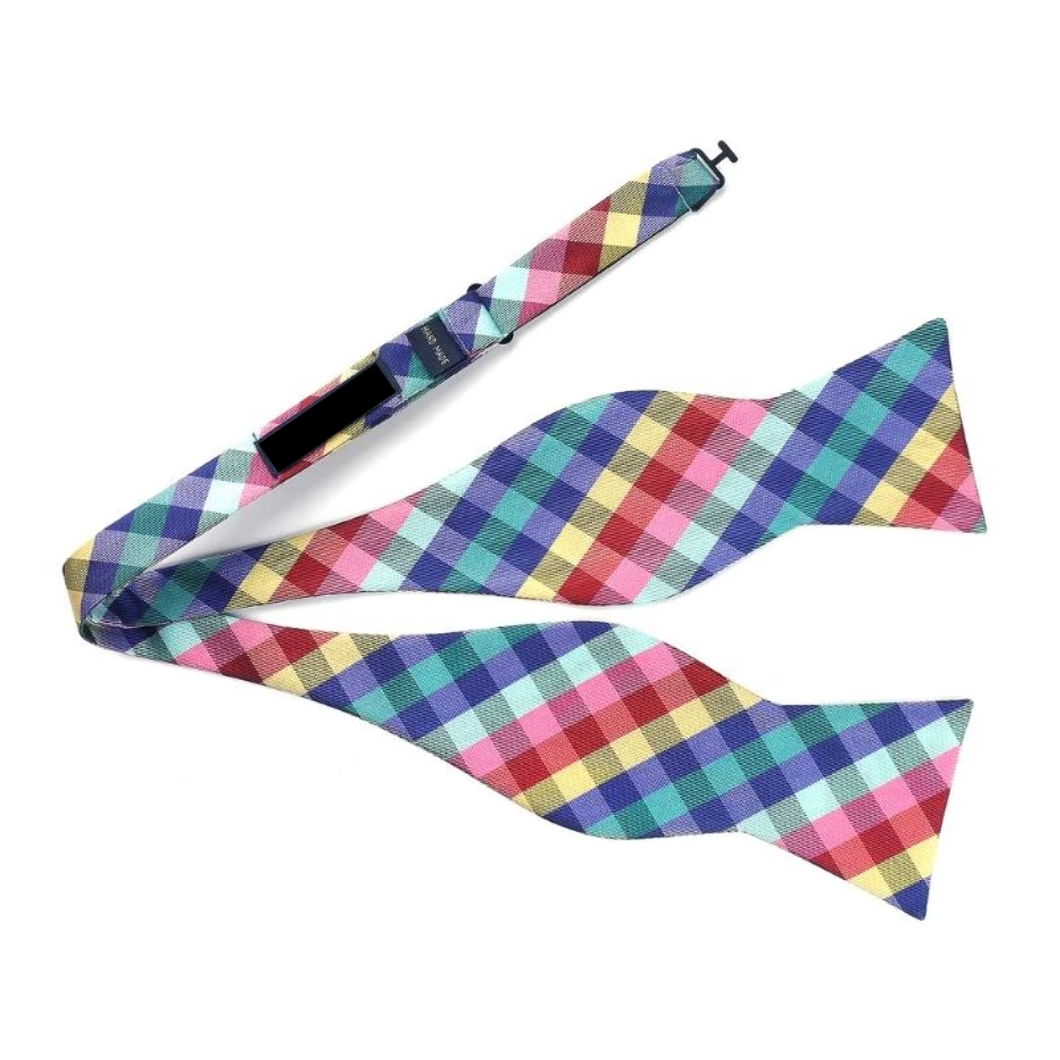 A Red, Blue, Yellow, Green Geometric Diamond Pattern Silk Self Tie Bow Tie