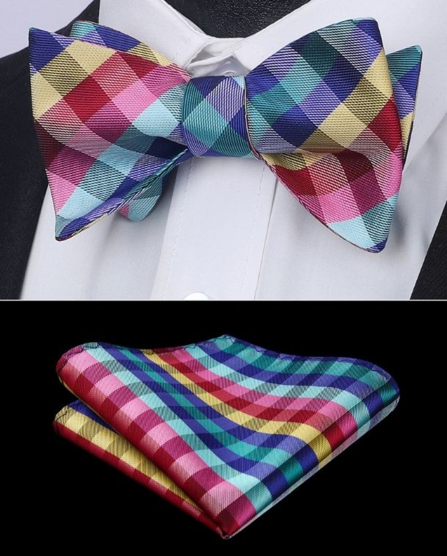 Main View: A Red, Blue, Yellow, Green Geometric Diamond Pattern Silk Self Tie Bow Tie, Matching Pocket Square