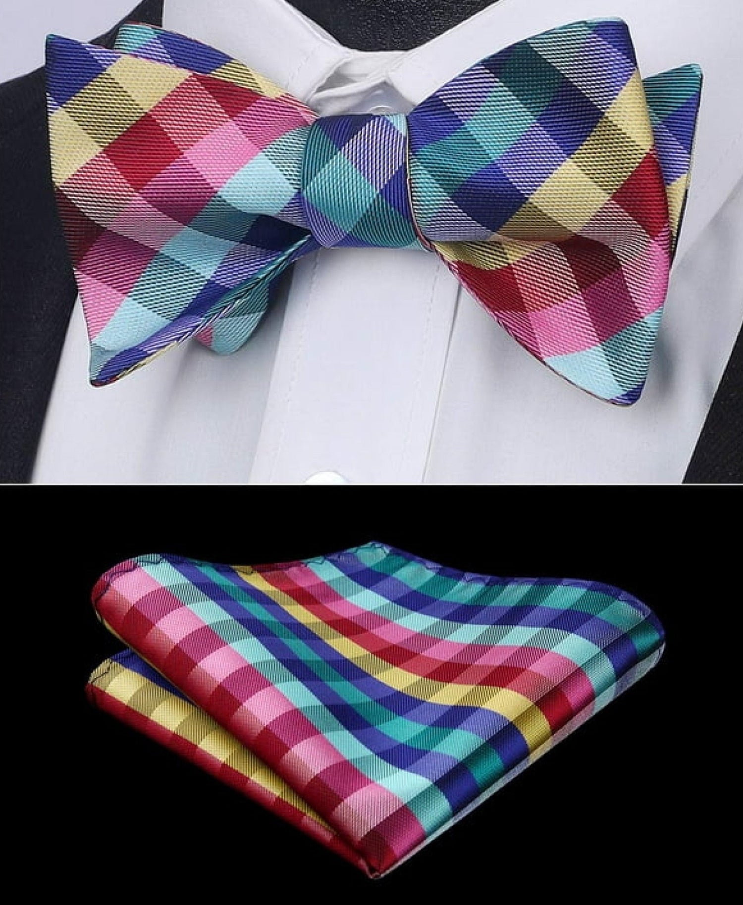 Main View A Red, Blue, Yellow, Green Geometric Diamond Pattern Silk Pre Tied Bow Tie, Matching Pocket Square