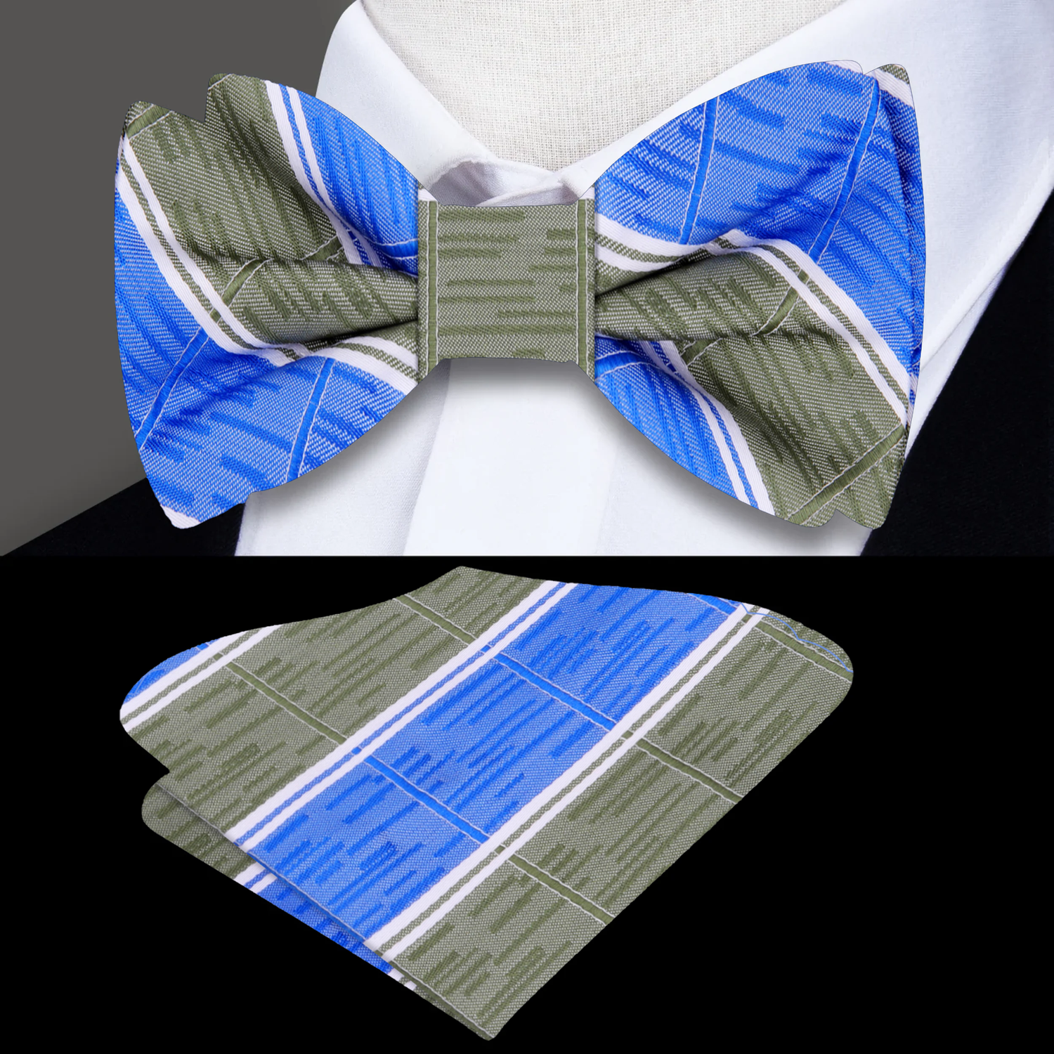 Stone Green, Blue Affirmed Stripe Bow Tie and Pocket||Stone Green, Blue